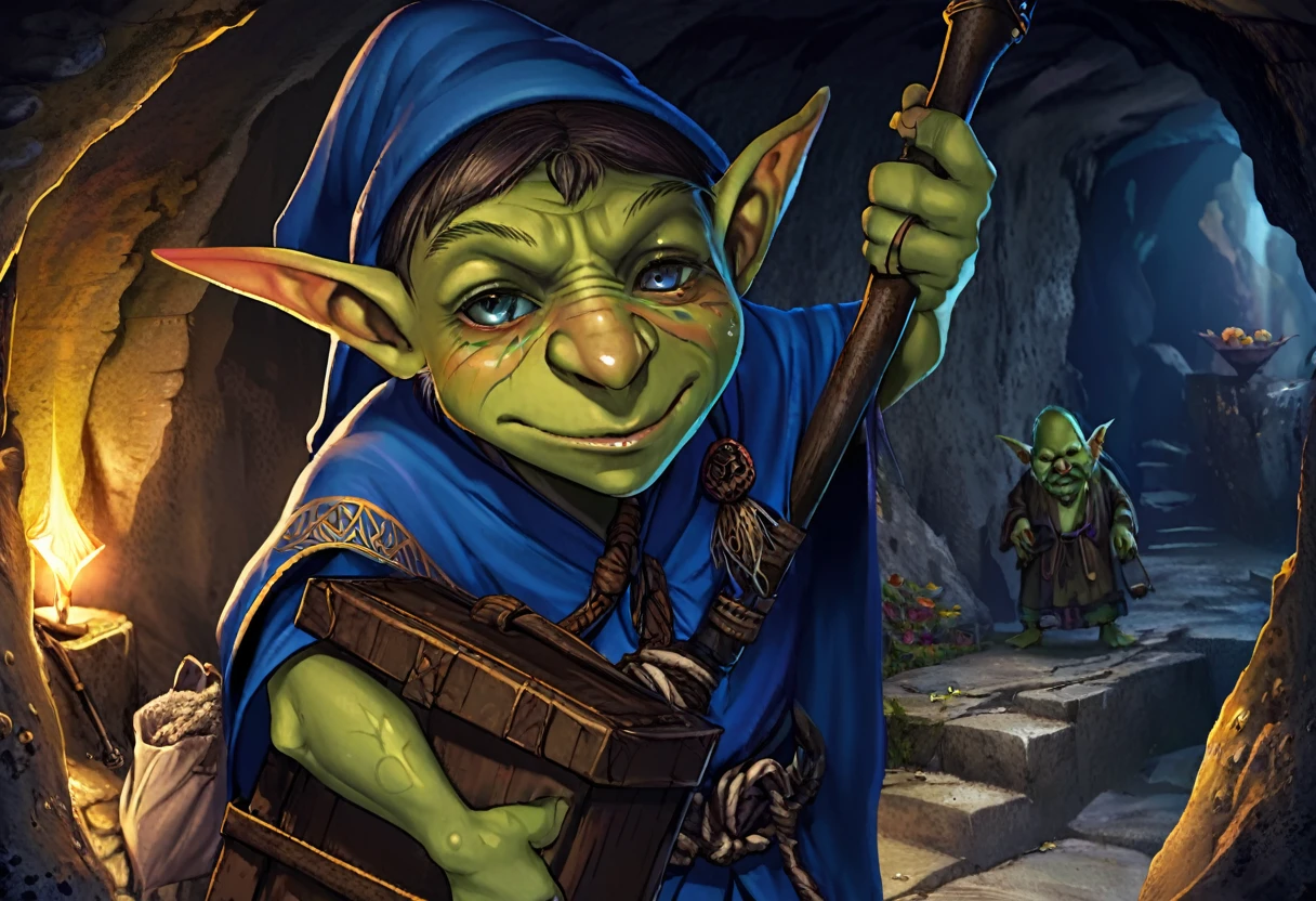 A goblin magician with a blue ink tattoos on his neck and face, small black beard, woven top knot of ear hair, holding a bag of squirming spell components, wearing a tattered robe, and carrying a pickaxe, set in a dark cavern, (best quality,4k,8k,highres,masterpiece:1.2),ultra-detailed,(realistic,photorealistic,photo-realistic:1.37),extremely detailed eyes and face, longeyelashes, highly detailed portrait, fantasy, concept art, dramatic lighting, moody atmosphere, cinematic composition, intricate details, rich colors, dramatic shadows