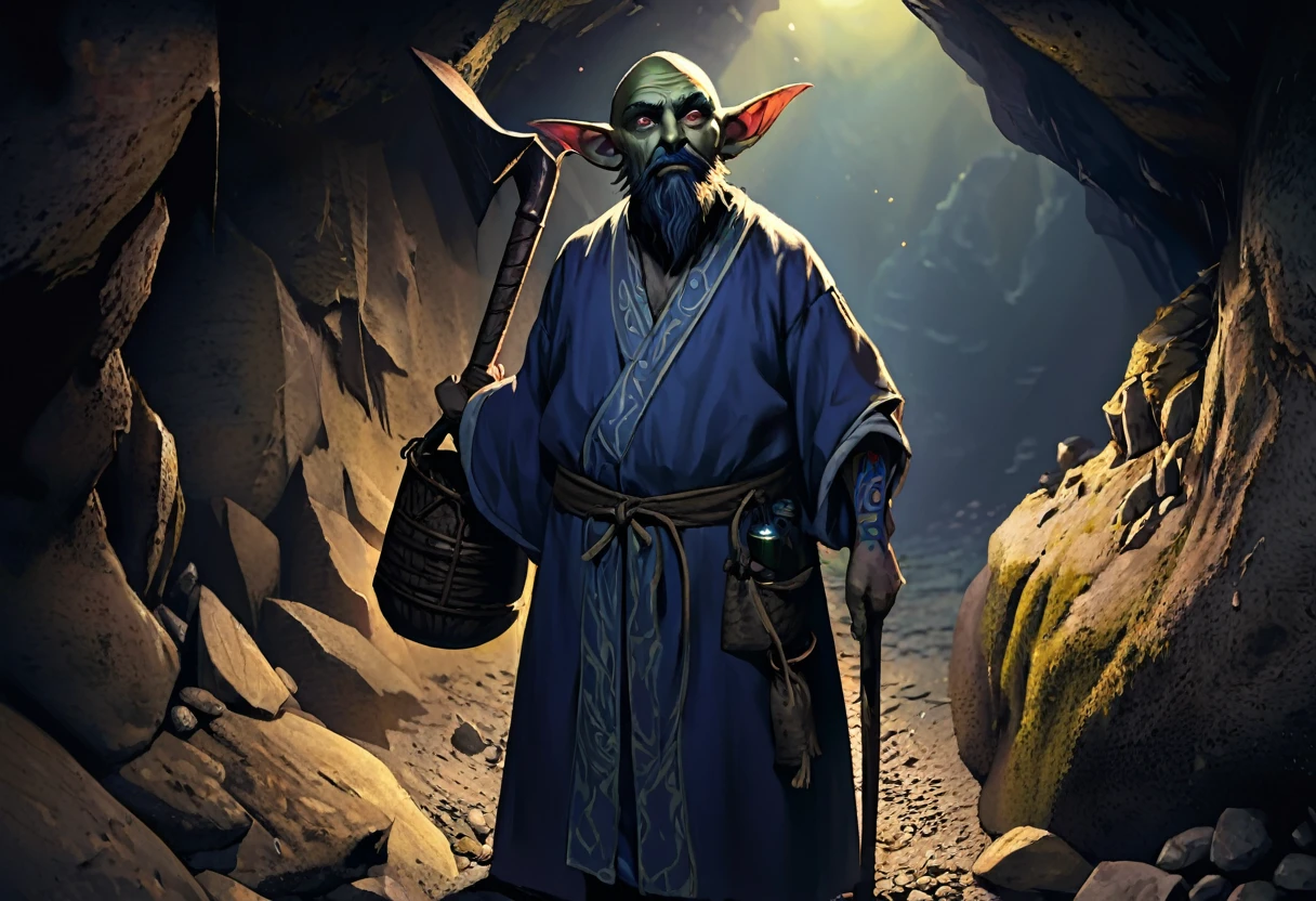 A goblin magician with a blue ink tattoos on his neck and face, small black beard, woven top knot of ear hair, holding a bag of squirming spell components, wearing a tattered robe, and carrying a pickaxe, set in a dark cavern, (best quality,4k,8k,highres,masterpiece:1.2),ultra-detailed,(realistic,photorealistic,photo-realistic:1.37),extremely detailed eyes and face, longeyelashes, highly detailed portrait, fantasy, concept art, dramatic lighting, moody atmosphere, cinematic composition, intricate details, rich colors, dramatic shadows