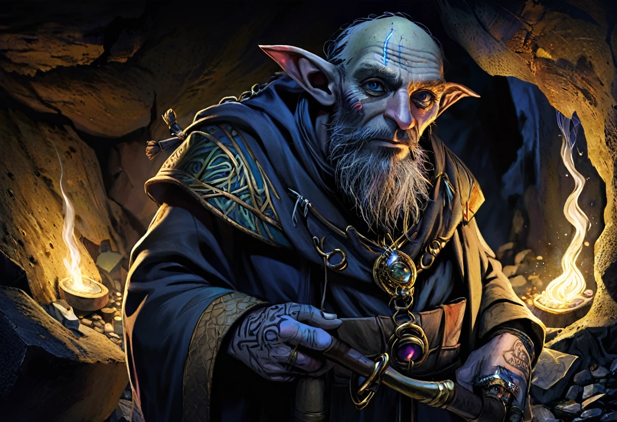 A goblin magician with a blue ink tattoos on his neck and face, small black beard, woven top knot of ear hair, holding a bag of squirming spell components, wearing a tattered robe, and carrying a pickaxe, set in a dark cavern, (best quality,4k,8k,highres,masterpiece:1.2),ultra-detailed,(realistic,photorealistic,photo-realistic:1.37),extremely detailed eyes and face, longeyelashes, highly detailed portrait, fantasy, concept art, dramatic lighting, moody atmosphere, cinematic composition, intricate details, rich colors, dramatic shadows