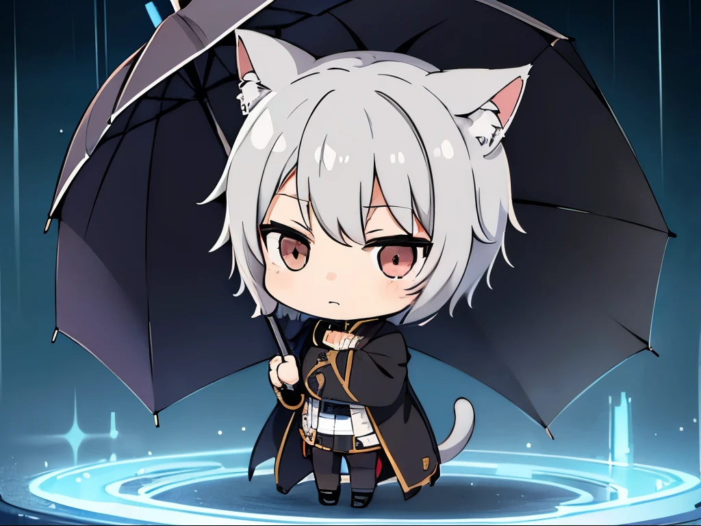 (chibi:1.3)，Cat ear，rain，umbrella，whole body，after that，masterpiece, A world where magic and technology coexist, Cat earの男(Gray Hair, short hair) ，boy，Hone your skills，Let&#39;s go on a journey to uncover the secrets of power., Beautiful Eyes，depicted in detail. The magician makes the most of the potential of his abilities.，We must learn how to unlock the true potential of modern magic，masterpiece, Cat earの男，Gray Hair, short hair)，depicted in detail，