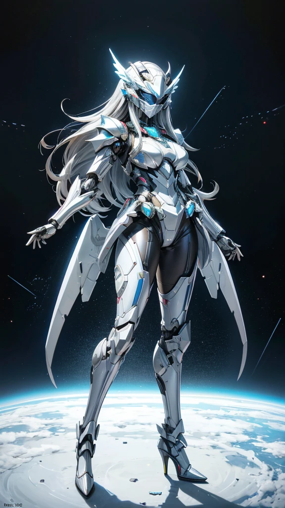 Large female robot with long hair , Silver sci-fi fluorescent armor,helmet ,metal mask，chest，female body，Mechanical joints，wing，Iron skirt，thigh， High heel, Standing，front，，Space(masterpiece, best quality, high quality, High resolution, Extremely detailed),