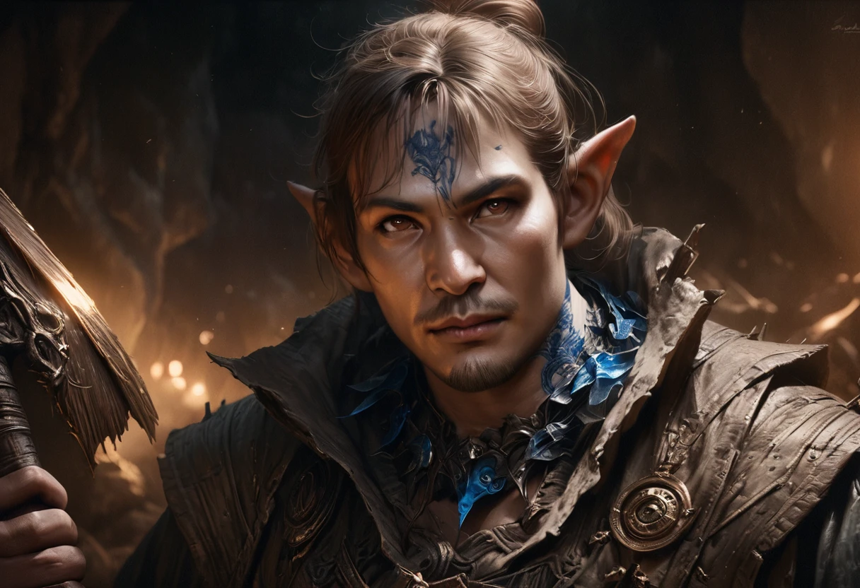 A goblin magician with a blue ink tattoos on his neck and face, small black beard, woven top knot of ear hair, holding a bag of squirming spell components, wearing a tattered robe, and carrying a pickaxe, set in a dark cavern, (best quality,4k,8k,highres,masterpiece:1.2),ultra-detailed,(realistic,photorealistic,photo-realistic:1.37),extremely detailed eyes and face, longeyelashes, highly detailed portrait, fantasy, concept art, dramatic lighting, moody atmosphere, cinematic composition, intricate details, rich colors, dramatic shadows
