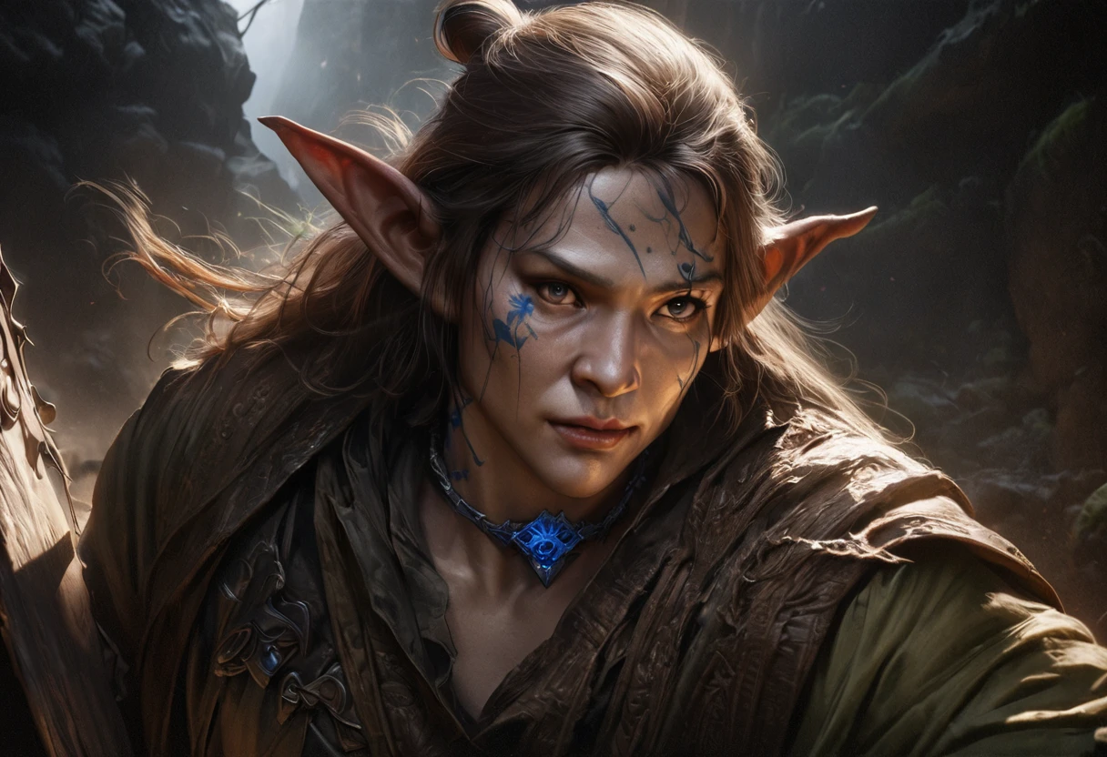 A goblin magician with a blue ink tattoos on his neck and face, small black beard, woven top knot of ear hair, holding a bag of squirming spell components, wearing a tattered robe, and carrying a pickaxe, set in a dark cavern, (best quality,4k,8k,highres,masterpiece:1.2),ultra-detailed,(realistic,photorealistic,photo-realistic:1.37),extremely detailed eyes and face, longeyelashes, highly detailed portrait, fantasy, concept art, dramatic lighting, moody atmosphere, cinematic composition, intricate details, rich colors, dramatic shadows