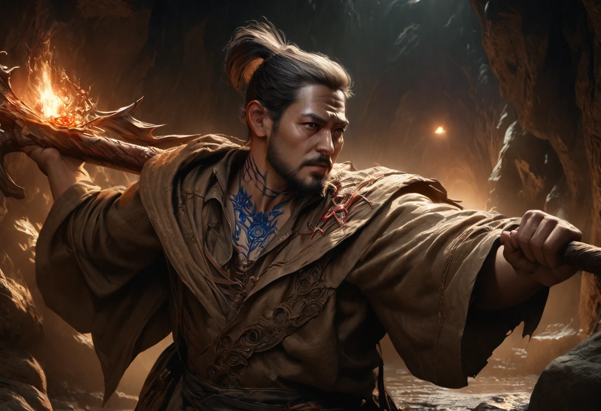 A goblin magician with a blue ink tattoos on his neck and face, small black beard, woven top knot of ear hair, holding a bag of squirming spell components, wearing a tattered robe, and carrying a pickaxe, set in a dark cavern, (best quality,4k,8k,highres,masterpiece:1.2),ultra-detailed,(realistic,photorealistic,photo-realistic:1.37),extremely detailed eyes and face, longeyelashes, highly detailed portrait, fantasy, concept art, dramatic lighting, moody atmosphere, cinematic composition, intricate details, rich colors, dramatic shadows