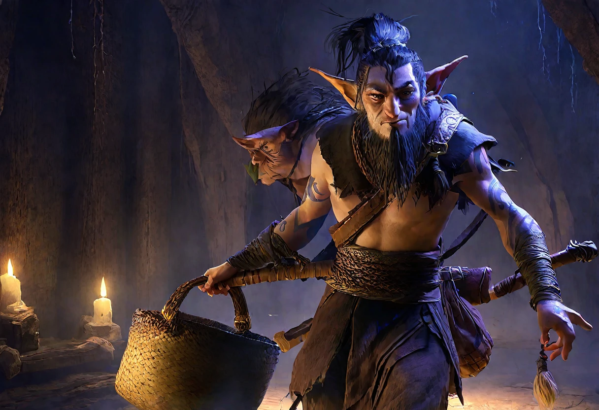 A goblin magician with a blue ink tattoos on his neck and face, small black beard, woven top knot of ear hair, holding a bag of squirming spell components, wearing a tattered robe, and carrying a pickaxe, set in a dark cavern, (best quality,4k,8k,highres,masterpiece:1.2),ultra-detailed,(realistic,photorealistic,photo-realistic:1.37),extremely detailed eyes and face, longeyelashes, highly detailed portrait, fantasy, concept art, dramatic lighting, moody atmosphere, cinematic composition, intricate details, rich colors, dramatic shadows