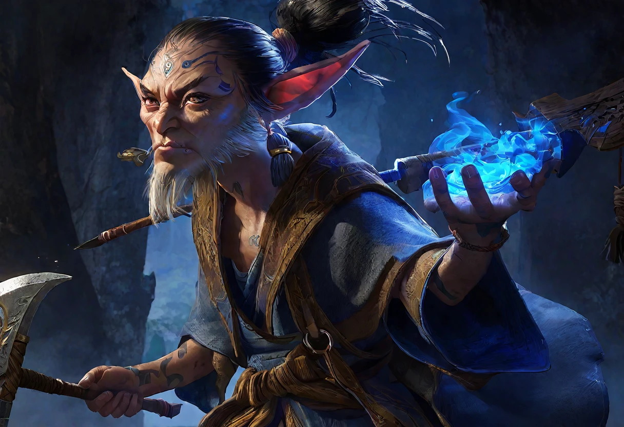 A goblin magician with a blue ink tattoos on his neck and face, small black beard, woven top knot of ear hair, holding a bag of squirming spell components, wearing a tattered robe, and carrying a pickaxe, set in a dark cavern, (best quality,4k,8k,highres,masterpiece:1.2),ultra-detailed,(realistic,photorealistic,photo-realistic:1.37),extremely detailed eyes and face, longeyelashes, highly detailed portrait, fantasy, concept art, dramatic lighting, moody atmosphere, cinematic composition, intricate details, rich colors, dramatic shadows