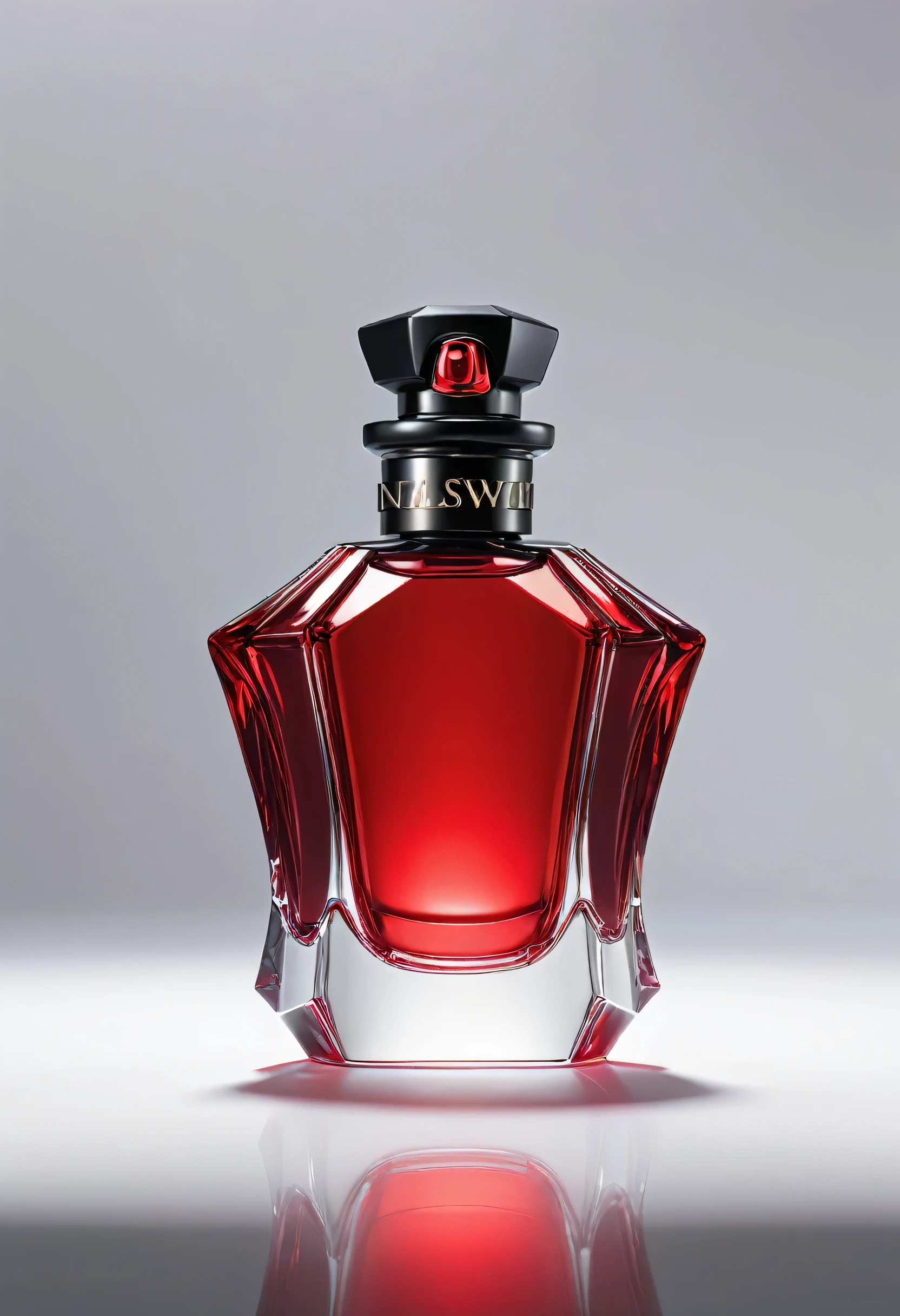 (masterpiece, highest quality, highest quality, Official Art, beautifully),(8k, highest quality, masterpiece:1.2),(((No humans))), CG products asw, No humanetallic))), (((Attach metallic ribbon)))、White background、Red and black theme、Depth of written boundary,Blurred (((Whitebackground)))、Spotlight、One perfume、The contents of the perfume shine beautifully、Bright and overall、The bottle design is simple and small.、The cap is black。(((『Crimson』)))Do not enter any other characters。Crimson、((Only one bottle))、No text、No logo