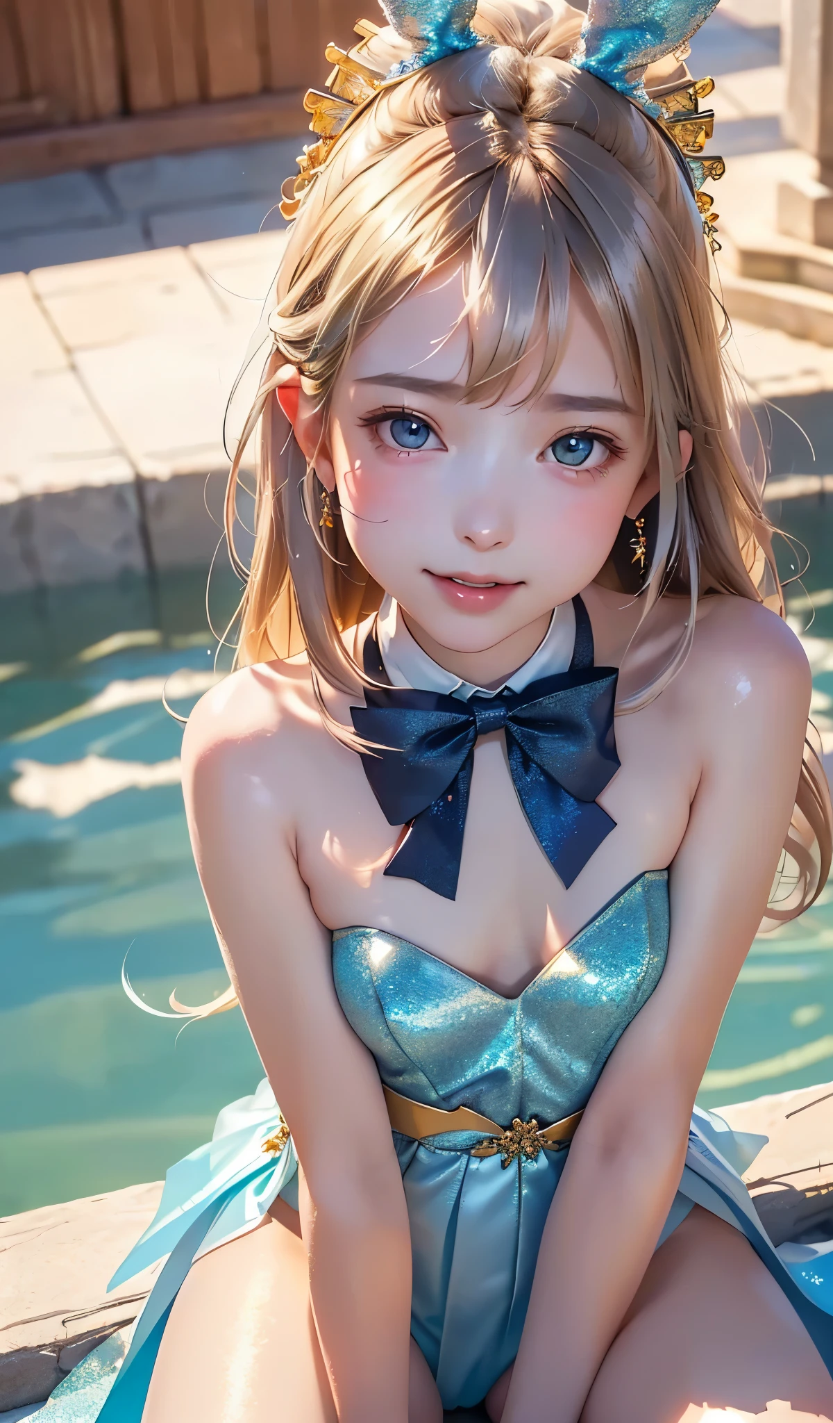 masterpiece, best quality, extremely detailed CG unity 8k wallpaper,((Upper Body)) ,(Upper Body head close-up shot of a beautiful ***********), , Elegant Long straight blonde hair, (Mckenna Grace), (flat chest,thighs,Black Skin,), (Silver-blue) golden (Glittering tutu,long Bunny Ear Headgear, , Bow-tie, No panties, genitals visible), ((spread legs)),(from above), (Blush), oil skin, (seductive smile), (Wonderland), pretty face, key art, award winning, intricate detail realism hdr, by (ruan jia and artgerm and range murata), Photorealism, Hyperrealism, ultra realistic, dramatic light, intense shadows, gorgeous view, depth of field
 
