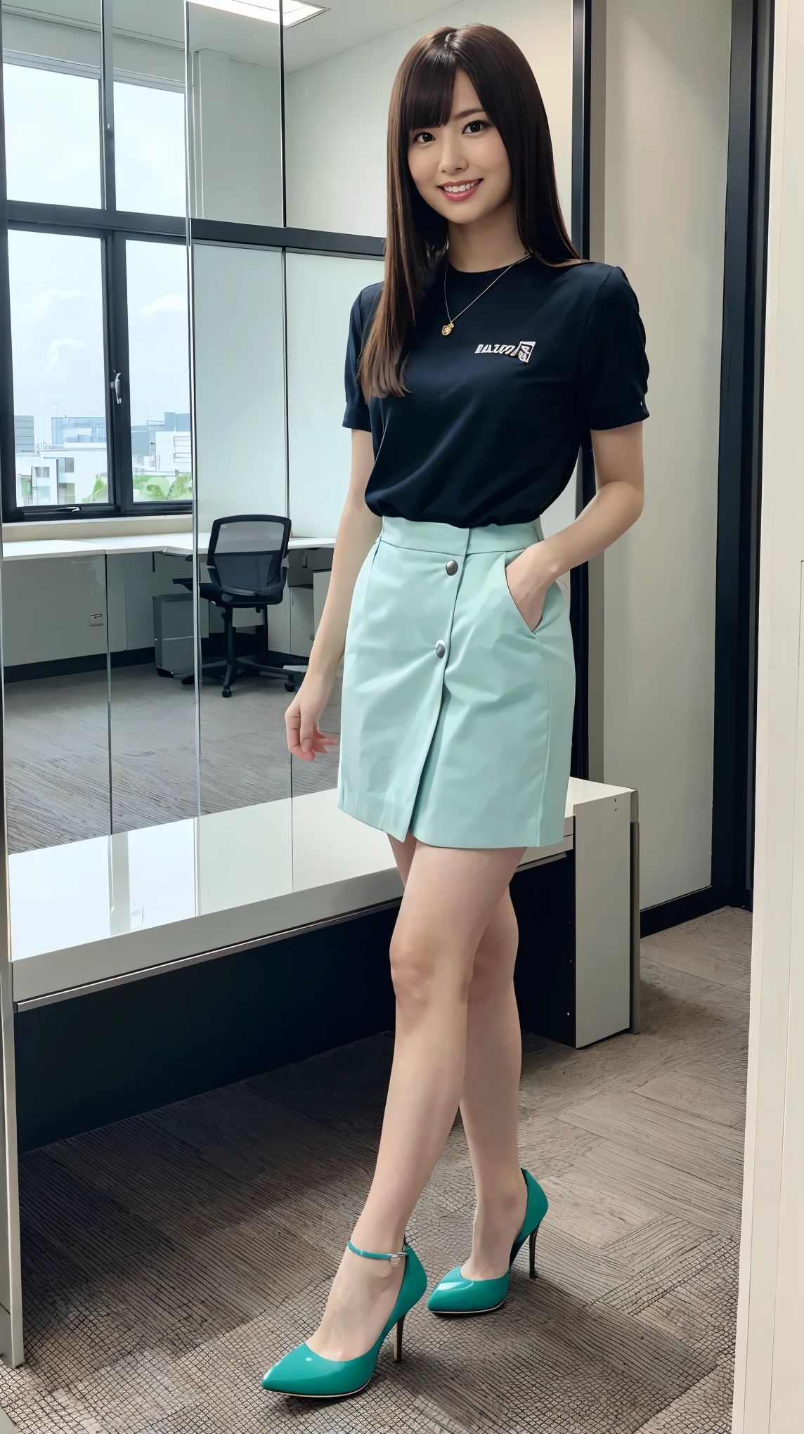 (highest quality, masterpiece, Photorealistic, Very detailed, Ultra-high resolution, to be born:1.3), (Three slender girls:1.3), beautiful, Japanese, mature, 28yo, office workers, (Close Relationship, Short skirt), ({money| Silver| wine-red| navy| pink| Yellow green| violet| Sky blue} Clothes), (smile), (bangs), high waist, necklace, (office, indoor, Glass Room), (Long legs, High heels, whole body:1.2), (Medium milk:1.3), (crowd),
