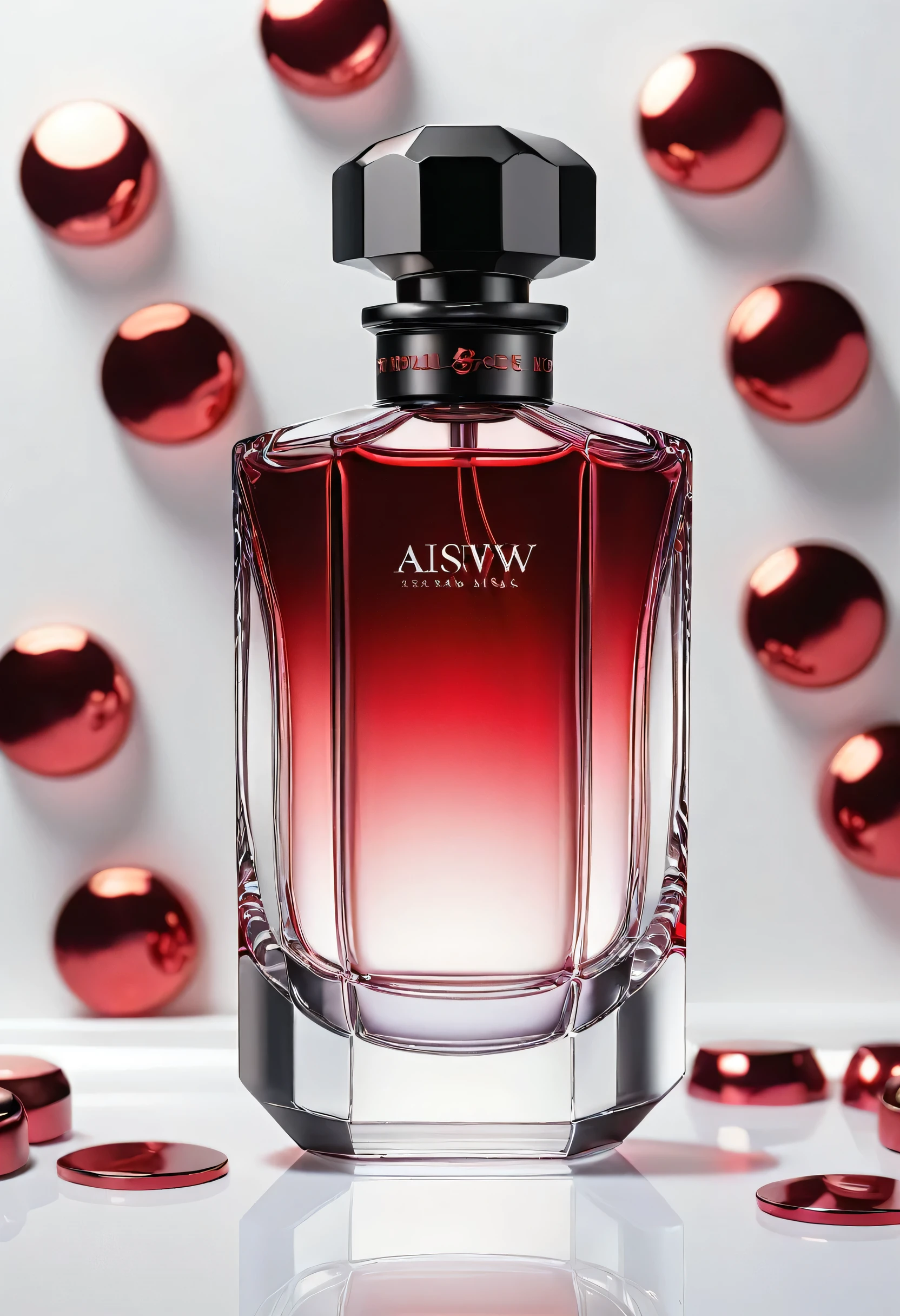 (masterpiece, highest quality, highest quality, Official Art, beautifully),(8k, highest quality, masterpiece:1.2),(((No humans))), CG products asw, No humanetallic))), (((Attach metallic ribbon)))、White background、Red and black theme、Depth of written boundary,Blurred (((Whitebackground)))、Spotlight、One perfume、The contents of the perfume shine beautifully、Bright and overall、The bottle design is simple and small.、The cap is black。(((『Crimson』)))Do not enter any other characters。Crimson、((Only one bottle))、No text、No logo