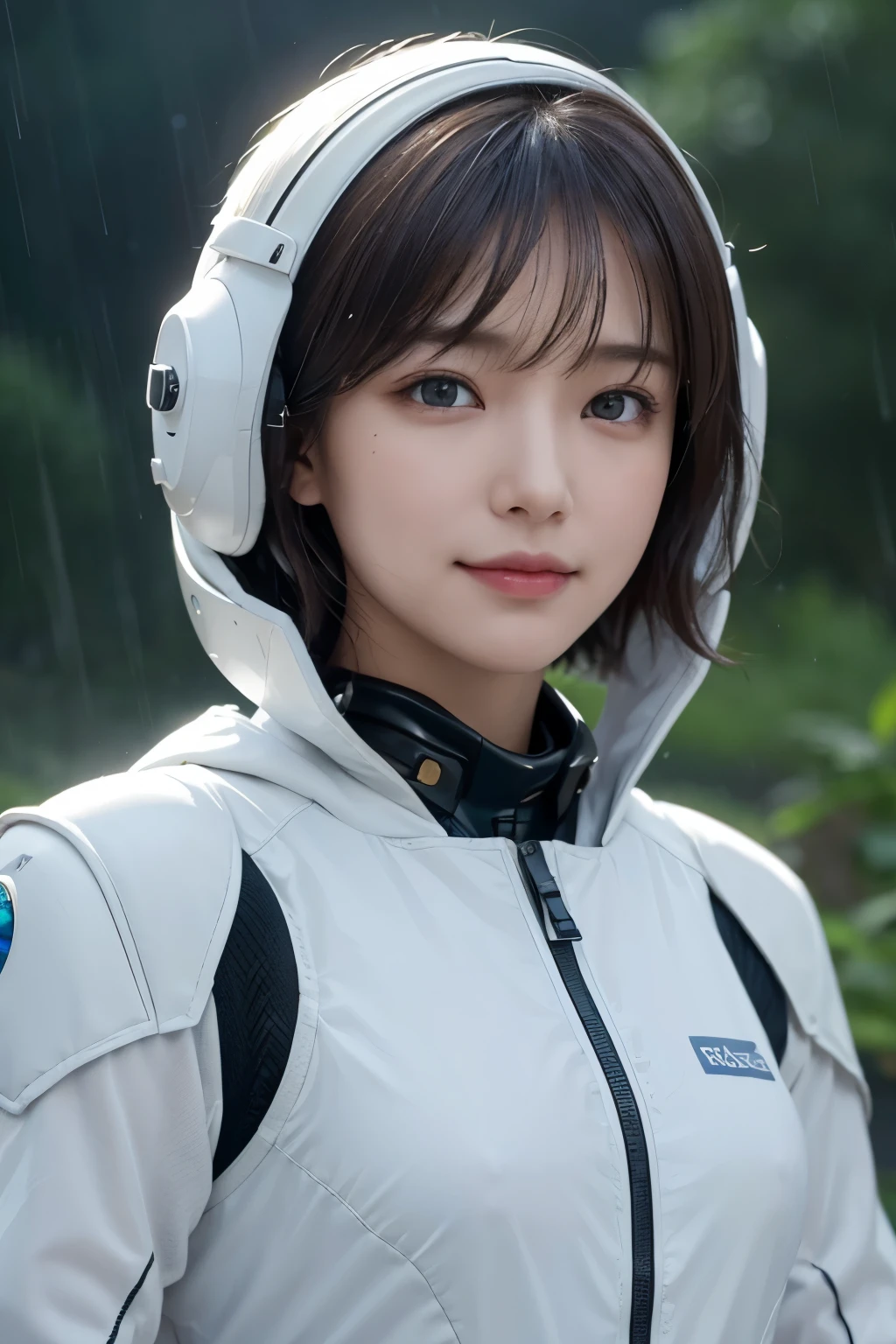 Ultra-high resolution、(Real:1.4)、One beautiful woman、Beautifully detailed eyes and skin、Light brown short hair、A Little Smile、Small Bust、Simple lightweight space suit、Rain-soaked wilderness、flood、Black rain clouds、Heavy Rain、Spaceship in the distance、