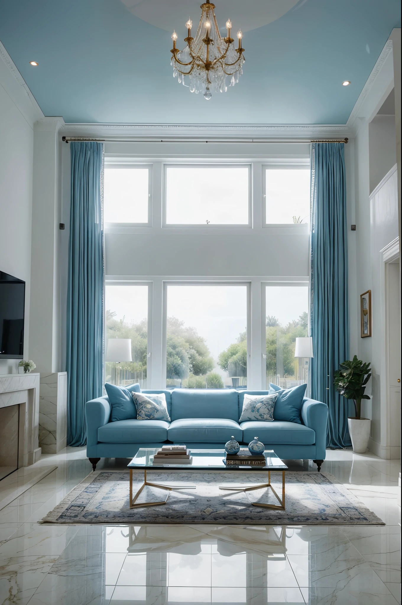 A modern living room featuring a luxurious design with a blue and white color palette. The room includes two light blue sofas arranged around a marble coffee table with a vase of flowers. The back wall is adorned with blue marble-like panels, and it houses a large flat-screen TV on a white console. Dark blue curtains frame the tall windows, allowing natural light to filter in. A chandelier hangs from the ceiling, providing ambient lighting, and decorative items such as vases and plants accentuate the space.