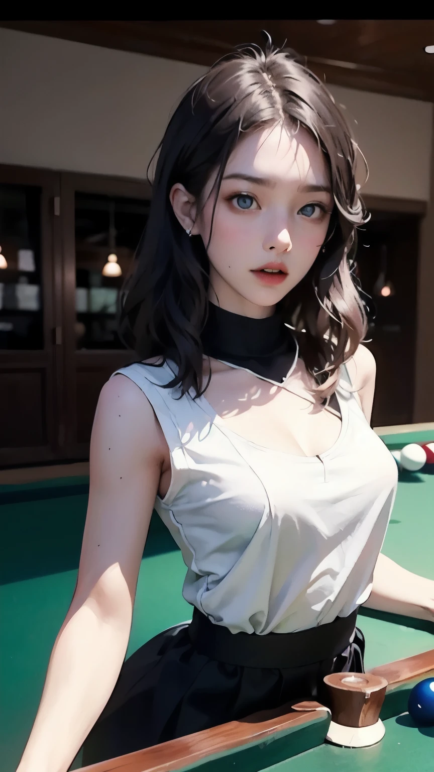 A female hustler with a winning streak, makes a break shot in billiards, powerful shot description, cool, from the front, medium hair, blue eyes, overwhelming descriptive expression, shining,