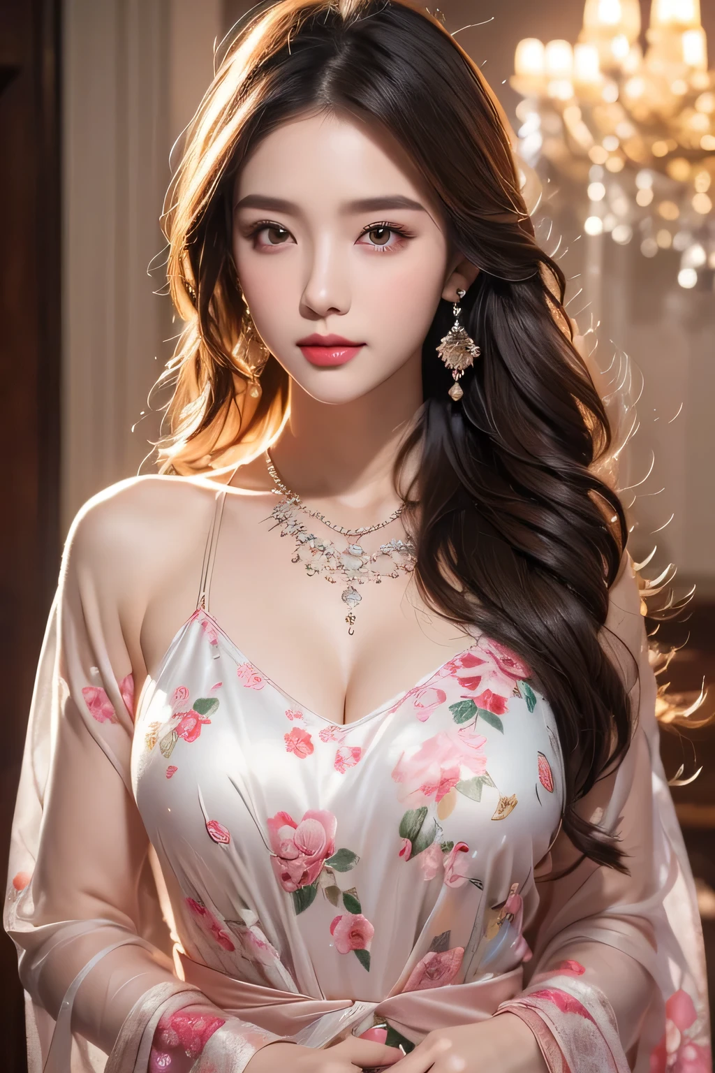 High-quality work,Realistic works,Super premium graphics,8K HD CG works,high quality graphics,High-definition and exquisite CG works,10x pixels,Ultra-fine details:1.1,Advanced technical details:1.1Realistic photo effects,Interior lighting effects:1.5,natural soft light:1.5. Light effect(Virtual light effects:1.8),Ultra-high resolution,shining dress,sliver long hair,silber hair,transparenthair,high detailed hair(Quality hair details:1.1)Clear eyes,Double eyelids look good,Sharp eye makeup, Create exquisite eyelash makeup, tthin eyebrows, Ultra-detailed eyes,a tall nose, lovely red lips, rosey cheeks, With delicate makeup on her face , pretty face, The face shape is perfectly proportioned,(Advanced facial details:1.1)1Girl,(standing,beautiful long_Slender_legs),(korean mixed,kpop idol:1.2),earrings,necklace,(long_brown_wavy_hair),pink_red_shiny_lips,eyelashes,make-up,shiny,Pore,skin texture,big breasts,smile, ((Watercolor floral print t-shirt with delicate and romantic blossoms in soft pastel shades,yoga pants)),((Incredible mountainous panorama, summer, Charming bridges, Rivers)),Dynamic pose,,Women's artwork,Dress full body video,Reality,Amazing Cleavage,My eyes are very bright today