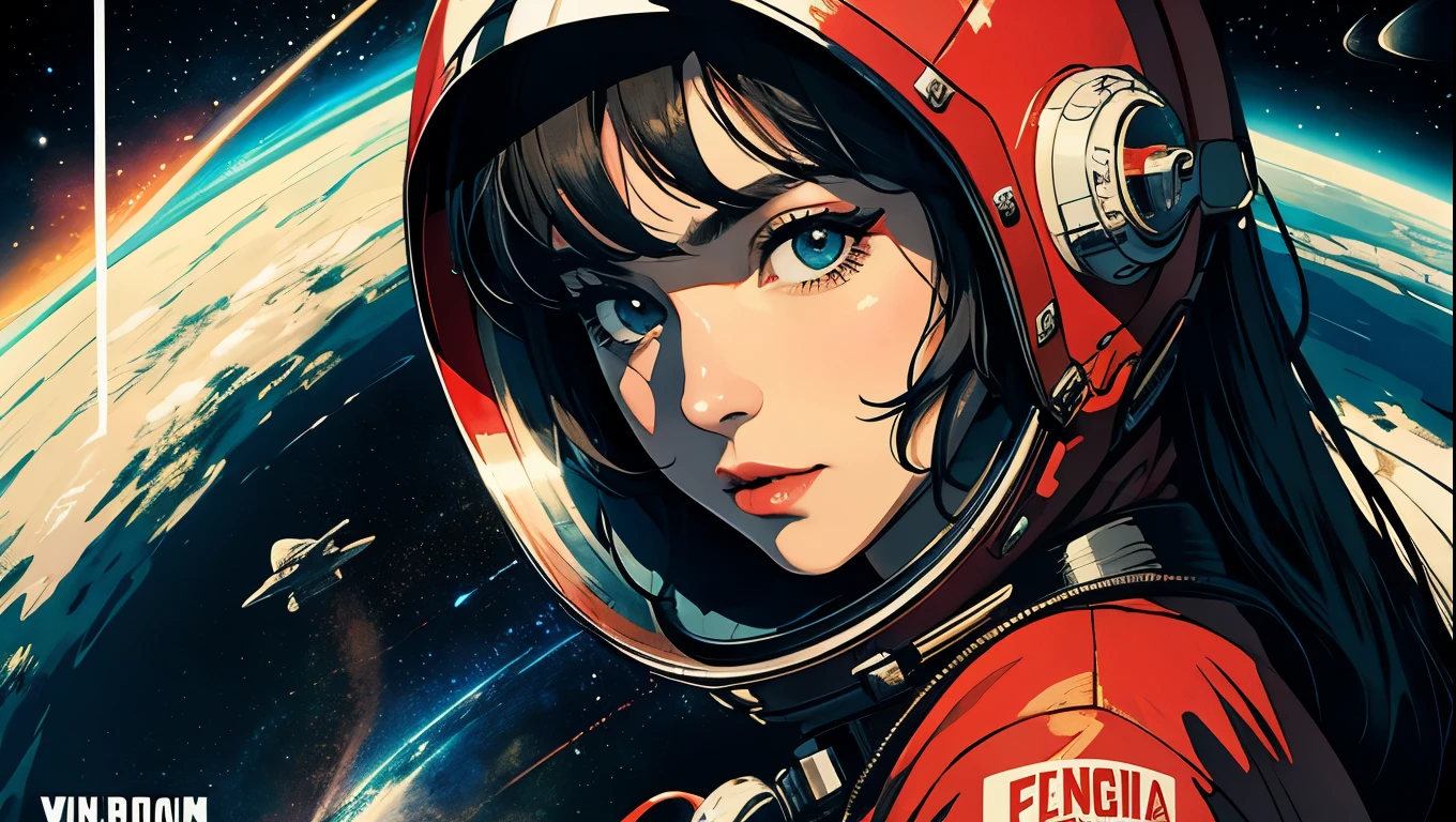 (masterpiece, highest quality), 8k wallpaper, very detailed, poster, vintage science fiction, 1960s,(((space thriller cinematic movie poster))), (bauhaus), shape,abstract, mid century modern, movie poster, vintage, Perfect Lady,anime,1970's,halftone,speech bubble