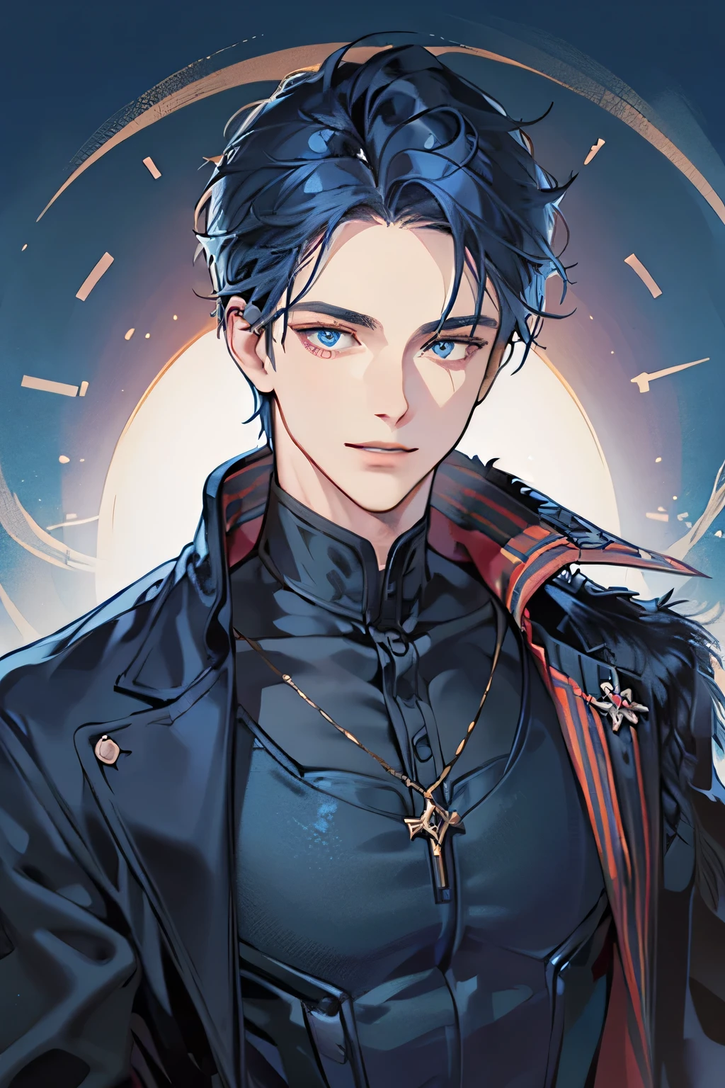 masterpiece, best quality, 1man, mature male, quiet and charming young man, 25 year old, closed mouth, portrait, extremely detailed face, closed mouth, lips nude ((blue eyes)), ((long--dark blue hair)), [thick eyebrows], handsome, half body, with Polo shirt black and coat brown, look at camera, fantasy, vampire, smirk, red wizard, big body, look at camera, perfect eyes