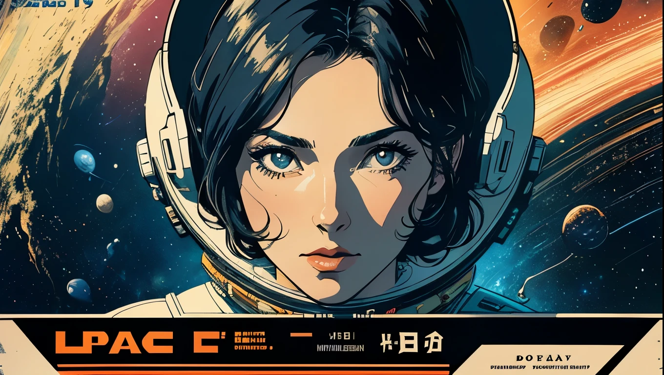 (masterpiece, highest quality), 8k wallpaper, very detailed, poster, vintage science fiction, 1960s,(((space thriller cinematic movie poster))), (bauhaus), shape,abstract, mid century modern, movie poster, vintage, Perfect Lady,anime,1970's,halftone,speech bubble