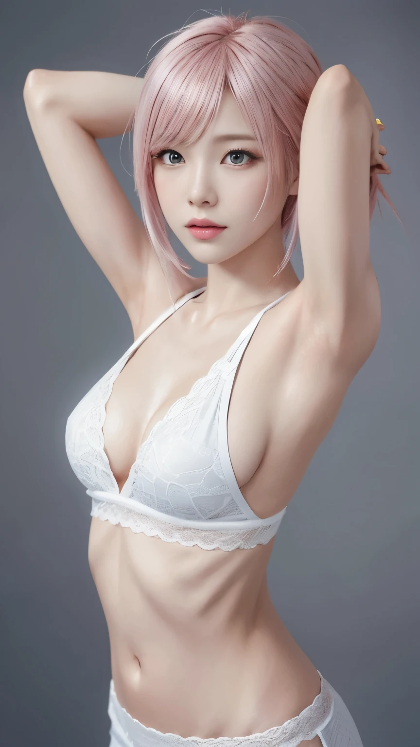 Close-up of a woman with pink hair and no underwear :1.9, Exposed armpits:1.7、Anime realism style, Unreal 5. RPG Portrait, cgsociety portrait, Realistic art style, Smooth anime CG art, Photorealistic anime girl rendering, Realistic anime 3D style, Loss Draw 1. 0, Realistic 3D animation, art jam ; 3D Unreal Engine, Realistic anime art style,Gray background,
