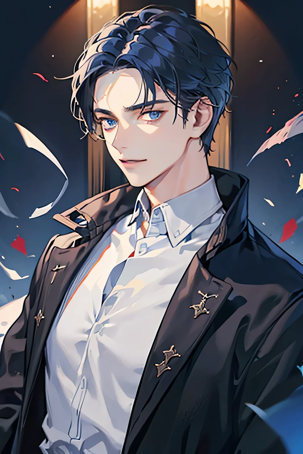 masterpiece, best quality, 1man, mature male, quiet and charming young man, 25 year old, closed mouth, portrait, extremely detailed face, closed mouth, lips nude ((blue eyes)), ((long--dark blue hair)), [thick eyebrows], handsome, half body, with Polo shirt black and coat brown, look at camera, fantasy, vampire, smirk, red wizard, big body, look at camera, perfect eyes