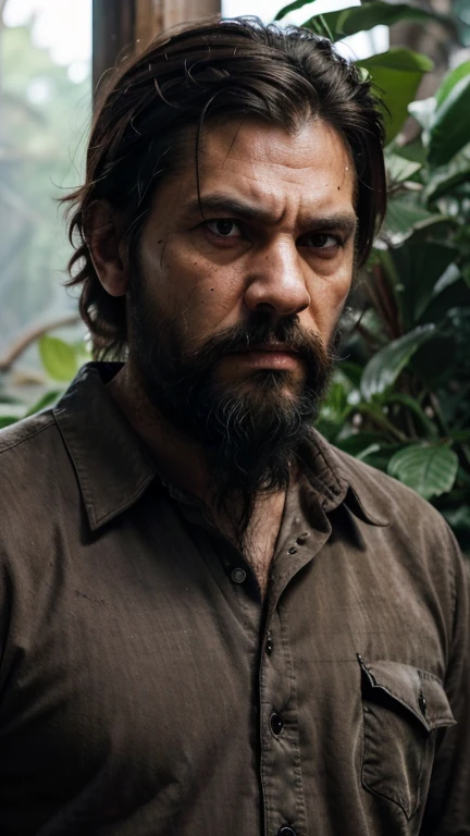 A angry older man, short black hair, looking directly at camera, caramel colored eyes,light brown eyes, strong jawline, in a jungle, cinematic composition, photorealistic, 8k, high quality, award winning, angry face, detailed angry face, latin american man, flannel button up shirt, dirty clothes, black hair, smoky atmosphere, dust in the air, ultra realistic, worn clothes , anger face, detailed angry face, detailed face, mad, angy, looking at the camera, high resolution, absurd resolution, long black beard, facial hair, detailed long black bearded, smoky atmosphere, detailed atmosphere, long viking style black beard, long beard, super angry, terror, scary movie scenery, long facial hair, dirt on hes face, absurd dirt detail on hes face, highly detailed long beard, dark, detailed mad face, wrinkles, scary movie, villain, mad man, crazy, raging.