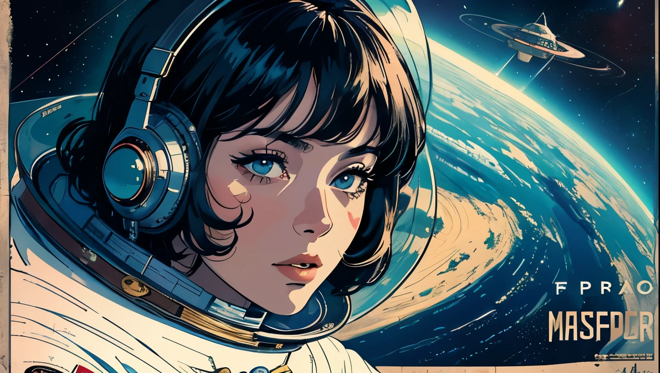 (masterpiece, highest quality), 8k wallpaper, very detailed, poster, vintage science fiction, 1960s,(((space thriller cinematic movie poster))), (bauhaus), shape,abstract, mid century modern, movie poster, vintage, Perfect Lady,anime,1970's,halftone,speech bubble