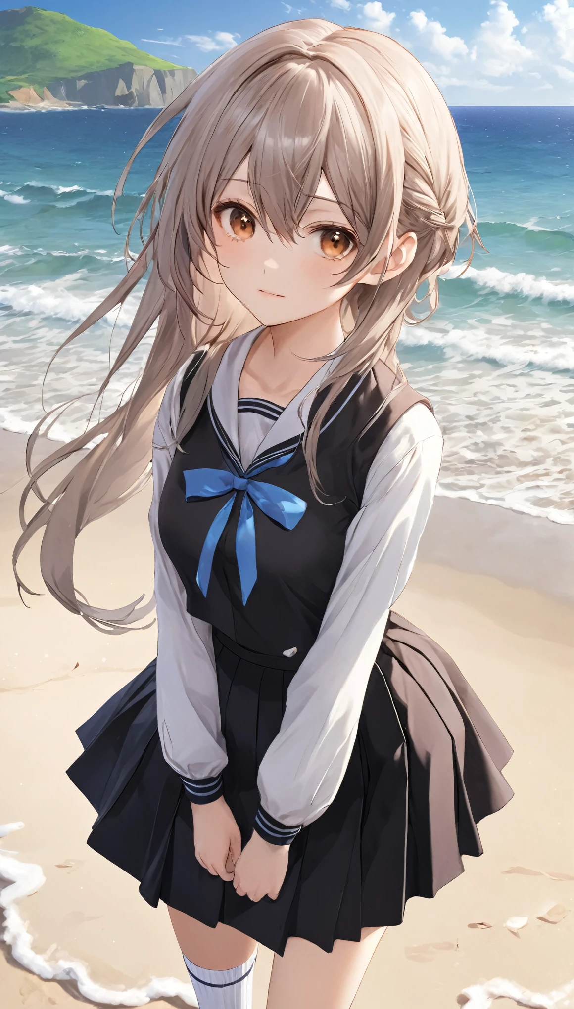 ((masterpiece)), ((highest quality)), ((High resolution)), ((Highly detailed CG Unity 8k wallpaper)), alone, tachibana kanade, Brown uniform, Black Skirt, White socks, Outdoor, face, Beach, Hanging hair, Parted hair, Silver Hair, 笑face, 