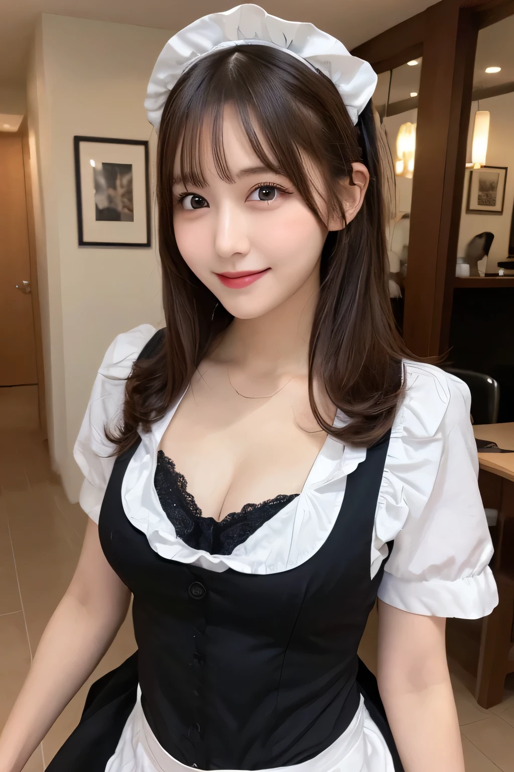 whole body, highest quality, figure, Very detailed, In detail, High resolution, 8k wallpaper, Perfect dynamic composition, Beautiful fine details, Maid clothes,Medium Hair, Center of chest, Natural color lip, Random sexy poses,smile,maid Cafe，Cute Maid，Large Breasts，