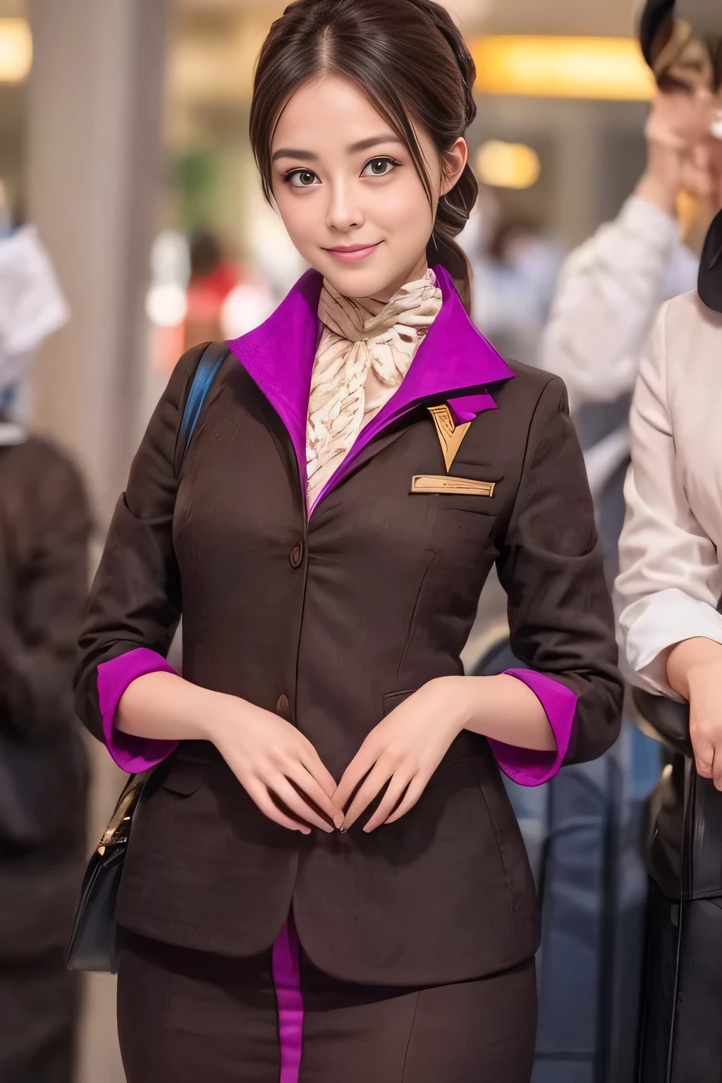 (masterpiece:1.2、highest quality:1.2)、32K HDR、High resolution、(alone、1 girl、Slim figure)、（A realistic reproduction of the ETIHAD Airways Cabincrew Uniform）、 (At the airport counter, Professional Lighting)、Airport counter wall background、A proper woman, Beautiful Face,、（Long sleeve ETIHAD Airways Cabincrew Uniform）、（ETIHAD Airways Cabincrew Uniform skirt with purple stripe on the front）、（scarf on chest）、Big Breasts、（Long Hair Up、Hair Bun）、Dark brown hair、Long Shot、（（Great hands：2.0））、（（Harmonious body proportions：1.5））、（（Normal limbs：2.0））、（（Normal finger：2.0））、（（Delicate eyes：2.0））、（（Normal eyes：2.0））)、Beautiful standing posture、smile、Place your hands around your stomach