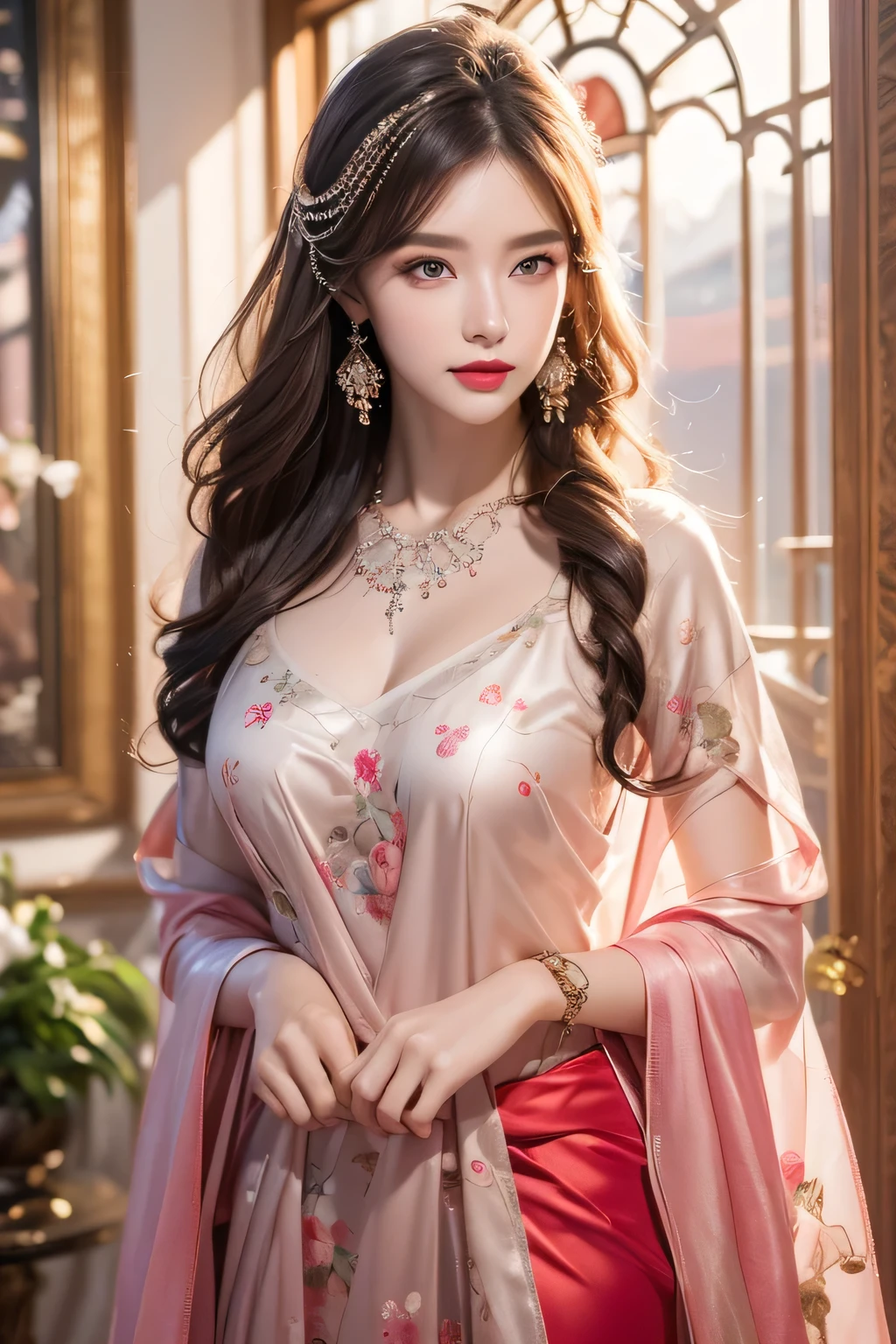 High-quality work，Realistic works，Super premium graphics，8K HD CG works，high quality graphics，High-definition and exquisite CG works，10x pixels，Ultra-fine details：1.1，Advanced technical details：1.1Realistic photo effects，Interior lighting effects：1.5，natural soft light：1.5. Light effect（Virtual light effects：1.8），Ultra-high resolution，shining dress，sliver long hair，silber hair，transparenthair，high detailed hair（Quality hair details：1.1）Clear eyes，Double eyelids look good，Sharp eye makeup, Create exquisite eyelash makeup, tthin eyebrows, Ultra-detailed eyes，a tall nose, lovely red lips, rosey cheeks, With delicate makeup on her face , pretty face, The face shape is perfectly proportioned,（Advanced facial details：1.1）1Girl,(standing,beautiful long_Slender_legs),(korean mixed,kpop idol:1.2),earrings,necklace,(long_brown_wavy_hair),pink_red_shiny_lips,eyelashes,make-up,shiny,Pore,skin texture,big breasts,smile, ((Watercolor floral print t-shirt with delicate and romantic blossoms in soft pastel shades,yoga pants)),((Incredible mountainous panorama, summer, Charming bridges, Rivers)),Dynamic pose,，Women's artwork，Dress full body video，Reality，Amazing Cleavage，My eyes are very bright today
