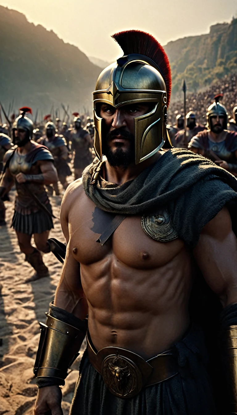 Create a detailed image of the annual Spartan event, featuring a massive arena where the best Spartan warriors and the bravest Helot slaves prepare to battle to the death, digital UHD (k) image, cinematic film still dramatic side lighting, hdr,  shallow depth of field, vignette, highly detailed, high budget Hollywood film, cinemascope, moody, epic, gorgeous
, Highly detailed and clean, Photorealistic and cinematic masterpiece, professional photography, realistic, realism, 200k , Raytracing and light effect, digital, perfect composition, beautiful detailed intricate insanely detailed octane render trending on artstation, 8 k artistic photography, photorealistic concept art, soft natural volumetric cinematic perfect light, the morning mist shone on their bodies, award - winning photograph, masterpiece, raphael, caravaggio, greg rutkowski, beeple, beksinski, giger