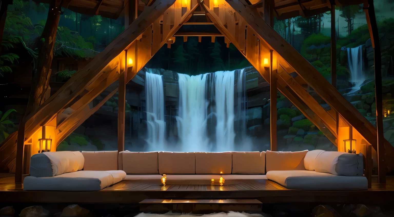 A waterfall and a wooden building in Arafed with a sofa in front of it, Waterfall Wall, Luxurious hot springs, Sublime and cozy atmosphere, Luxurious surroundings, Beautiful atmosphere, Peaceful atmosphere, Calm evening atmosphere, Cozy atmosphere, Pleasant atmosphere, Edwin Georgi, Waterfall in the background, With waterfall, Cozy and serene atmosphere, Luxury hot spring