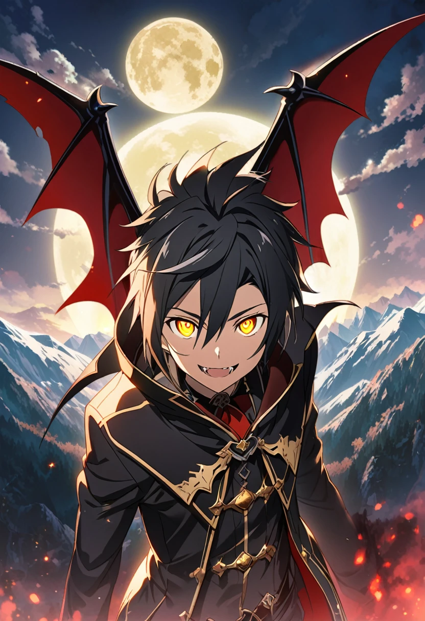 Hyakuya Yuuichiro \(Sword Art Online\), (short black hair), (glowing Golden eyes):1.2, black vampire costume, bangs, smiling mischievously, vampire fangs, vampire wings, ((ultra-detailed)), ((illustration)), (neat hair)), (beautiful detailed eyes), (male), 1boy, floating, ((mountain, moon)), looking at the viewer