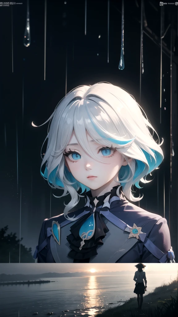 (High Detail:1.2) Anime Girl, (Cinematic Lighting, Delicate Colors), (Rain:1.2), Lighting Calm, Wind, Fog. Turquoise, delta tones. Discord Banner  