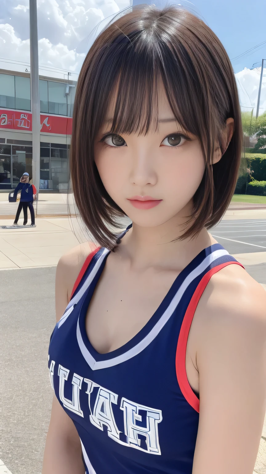 Cute Cheergirl、Sexy Big 、A cute -yeld giwith a sexy and cute look, beautiful and sexy face、A strong wind blows my hair in front of my face、With straight blonde hair、beautiful, Cute and sexy eyes hidden behind long bangs、Sexy Cheerleader