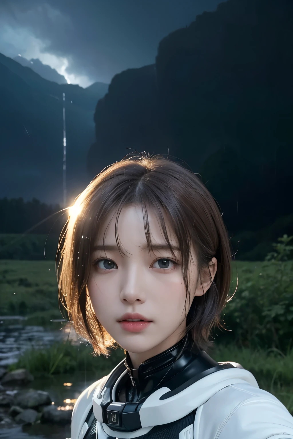 Ultra-high resolution、(Real:1.4)、One beautiful woman、Beautifully detailed eyes and skin、Light brown short hair、Sad、Small Bust、Simple lightweight space suit、Rain-soaked wilderness、flood、Black rain clouds、Heavy Rain、Spaceship in the distance、Making a pose、