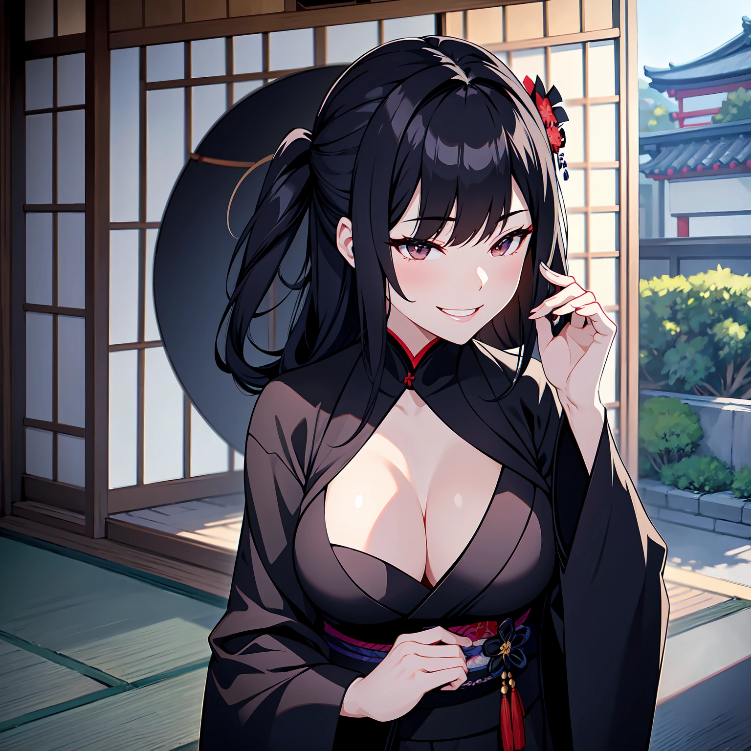 A close-up of a sexy widow in a black kimono in a corner of an outdoor Japanese-style funeral hall, grinning inappropriately with her hand over her mouth.、With a telephoto lens、