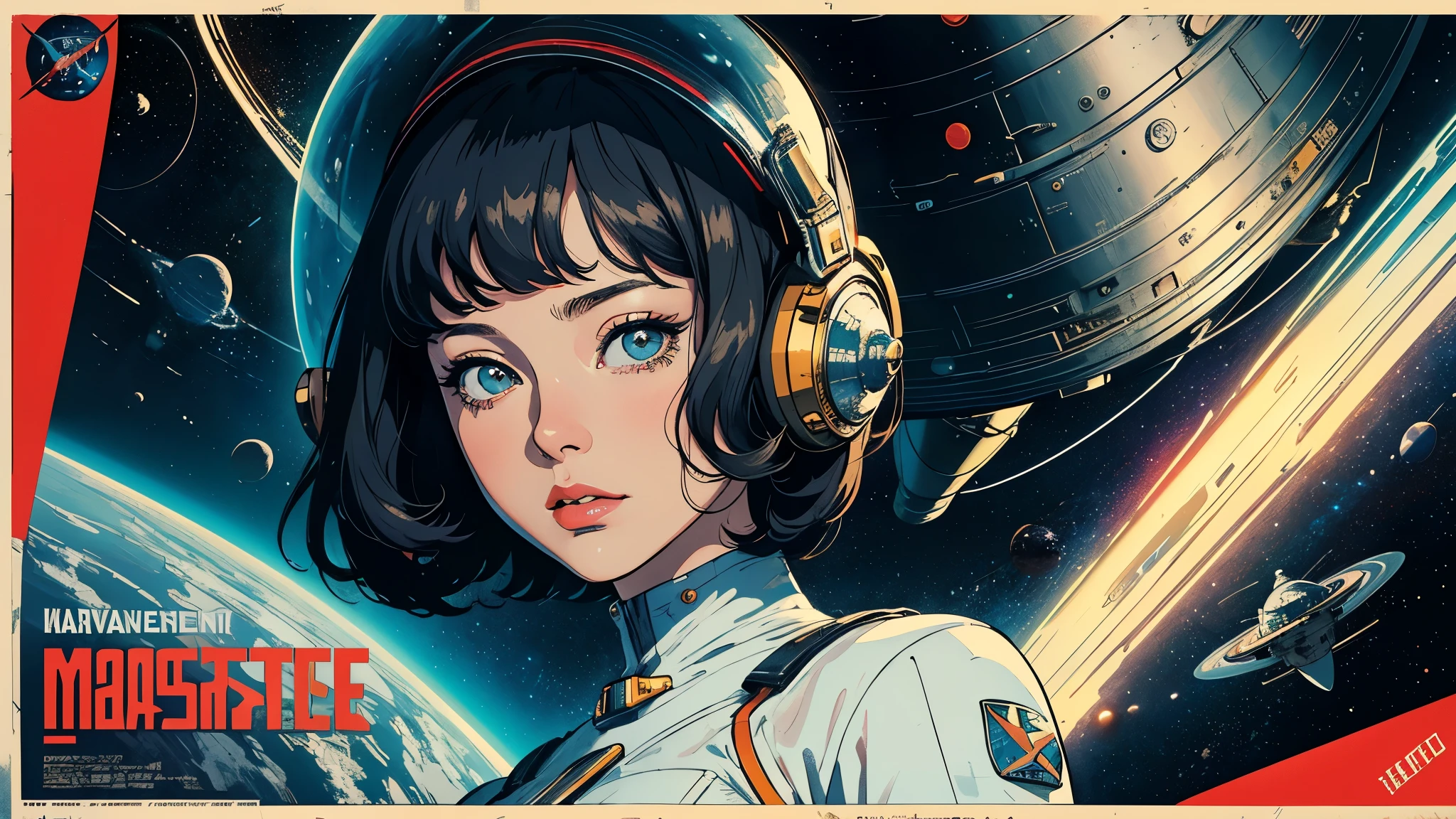 (masterpiece, highest quality), 8k wallpaper, very detailed, poster, vintage science fiction, 1960s,(((space thriller cinematic movie poster))), (bauhaus), shape,abstract, mid century modern, movie poster, vintage, Perfect Lady,anime,1970's,halftone,speech bubble