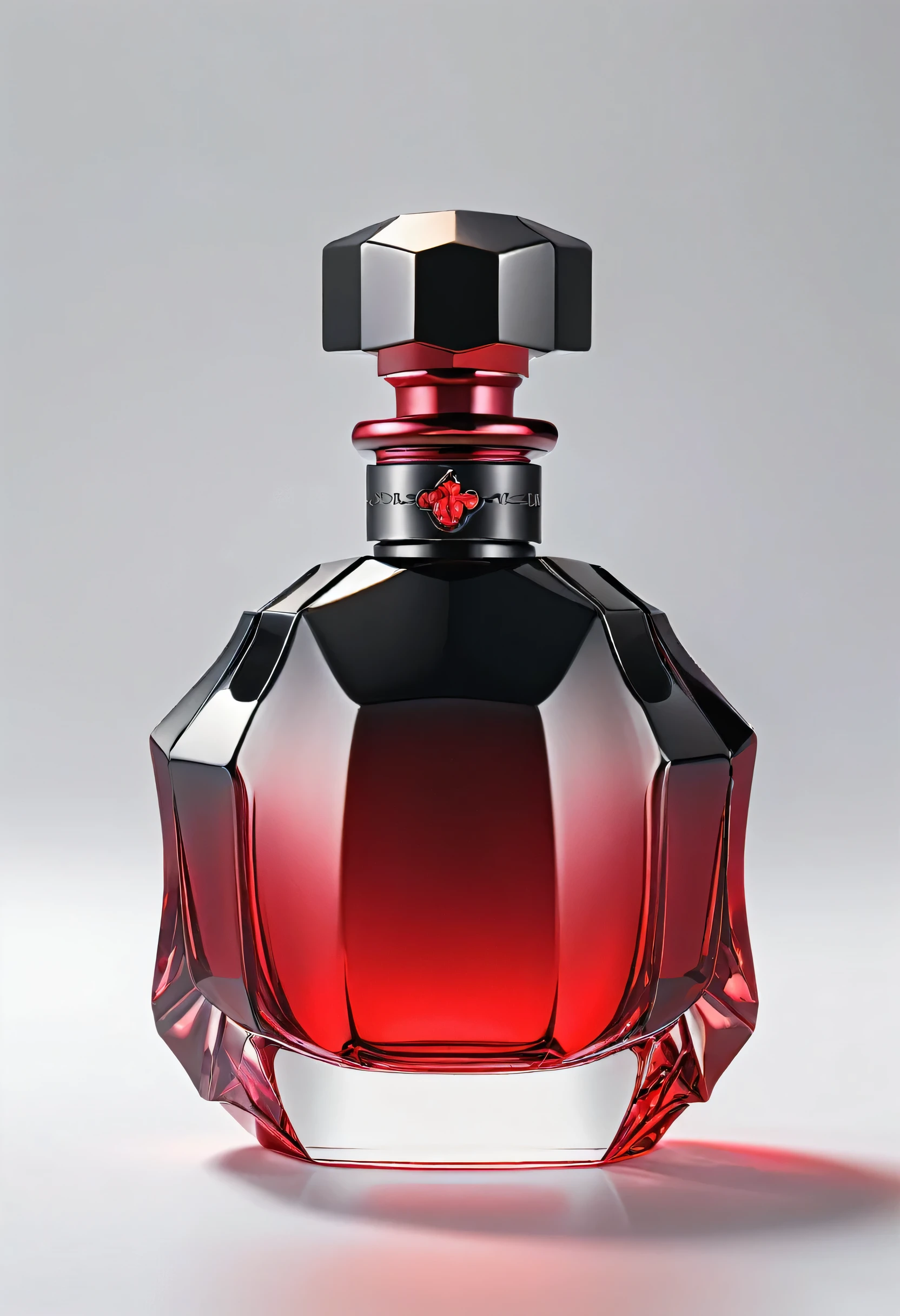 (masterpiece, highest quality, highest quality, Official Art, beautifully),(8k, highest quality, masterpiece:1.2),(((No humans))), CG products asw, No humanetallic))), (((Attach metallic ribbon)))、White background、Red and black theme、Depth of written boundary,Blurred (((Whitebackground)))、Spotlight、One perfume、The contents of the perfume shine beautifully、Bright and overall、The bottle design is simple and small.、The cap is black。(((『Crimson』)))Do not enter any other characters。Crimson、((Only one bottle))、No text、No logo