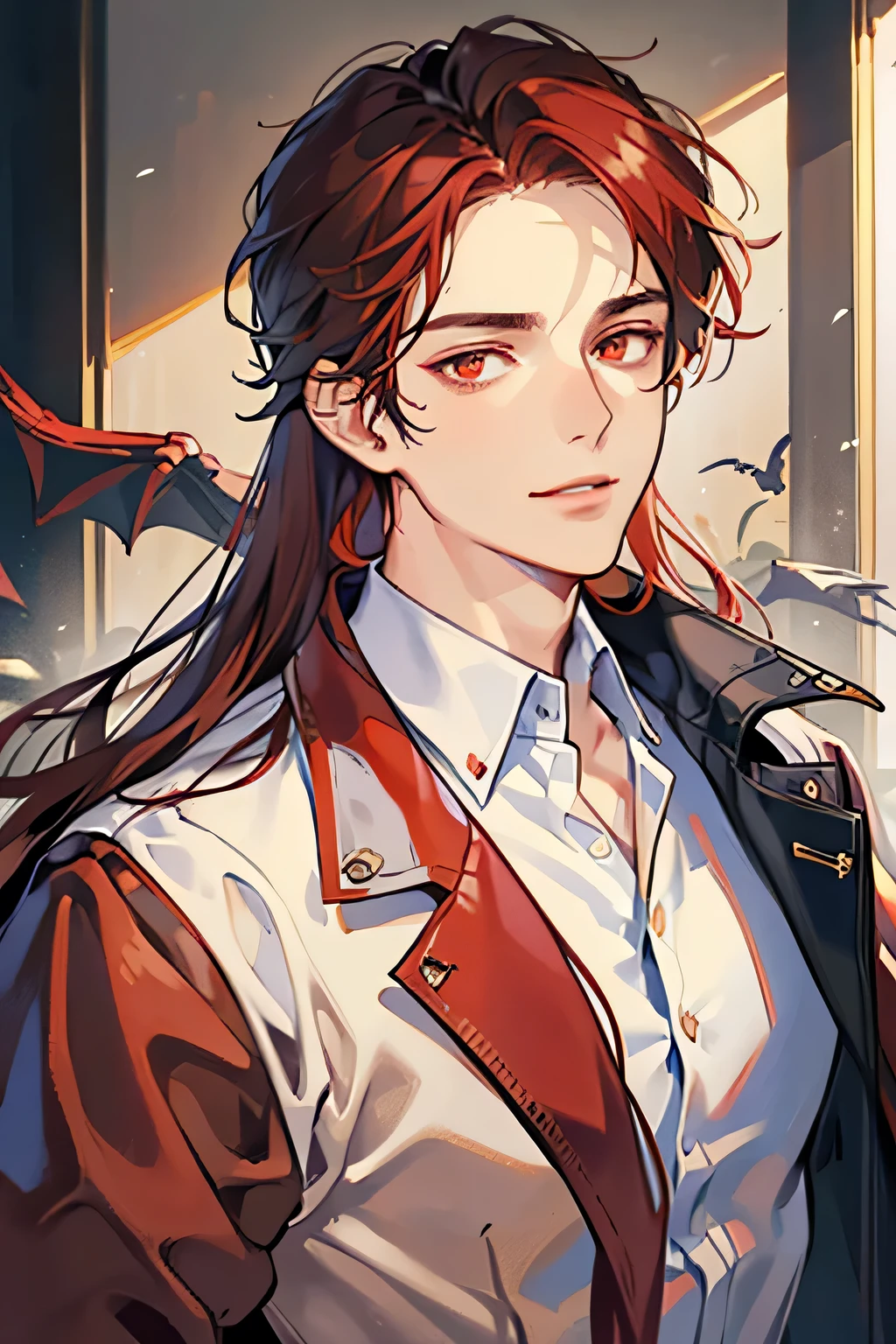 masterpiece, best quality, 1man, mature male, quiet and charming young man, 25 year old, closed mouth, portrait, extremely detailed face, closed mouth, lips nude ((dark red eyes)), ((long--dark red hair)), [thick eyebrows], handsome, half body, with Polo shirt black and coat brown, look at camera, fantasy, vampire, smirk, red wizard, big body, look at camera, perfect eyes, long hair dark blue