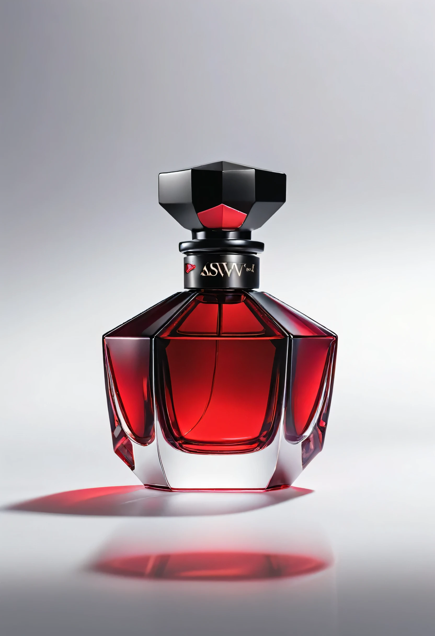 (masterpiece, highest quality, highest quality, Official Art, beautifully),(8k, highest quality, masterpiece:1.2),(((No humans))), CG products asw, No humanetallic))), (((Attach metallic ribbon)))、White background、Red and black theme、Depth of written boundary,Blurred (((Whitebackground)))、Spotlight、One perfume、The contents of the perfume shine beautifully、Bright and overall、The bottle design is simple and small.、The cap is black。(((『Crimson』)))Do not enter any other characters。Crimson、((Only one bottle))、No text、No logo