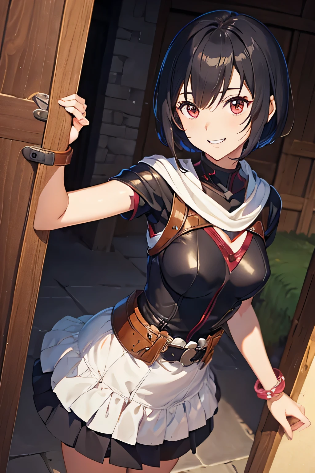 ((masutepiece)), (Best Quality),８ｋwall-paper、A dark-haired、so short hair、１６age、girl with、leather armor、The sword、adventurer、Fantasia、Show your teeth and smile、Healthy beautiful girl