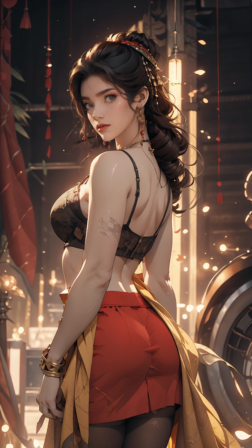 Unreal Engine:1.4, CG K Ultra Realistic, Realistic:1.4, Skin Texture:1.4, masterpiece:1.4, Beautiful woman in babydoll lingerie and red hot pants, Special Cyberpunk Style, CG and Realistic image, ultra-detailed Skin Texture. A masterpiece creation of a woman adorned in a yellow cyberpunk-style outfit, Short skirt, Red Pantyhose, Blue mini skirt, Unreal Engine trend, Ultra-realistic texture, Realistic digital art.