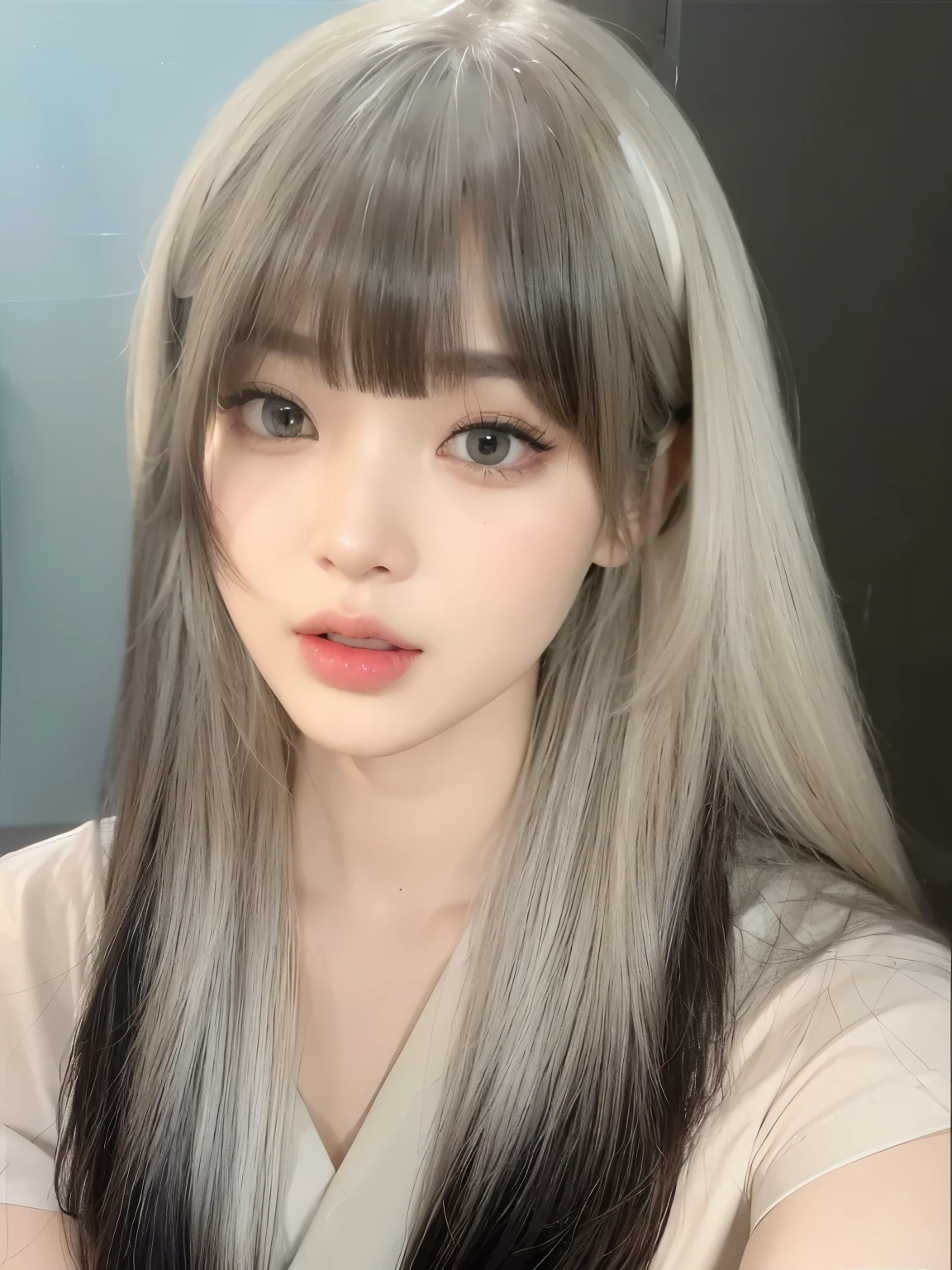 masterpiece, best quality, A girl faces the camera,Gradient hair,Beige to black hair,Flowing long hair,Long straight hair,Bangs,Beautiful girl with bangs in black and white gradient,a girl,Exquisite facial features,