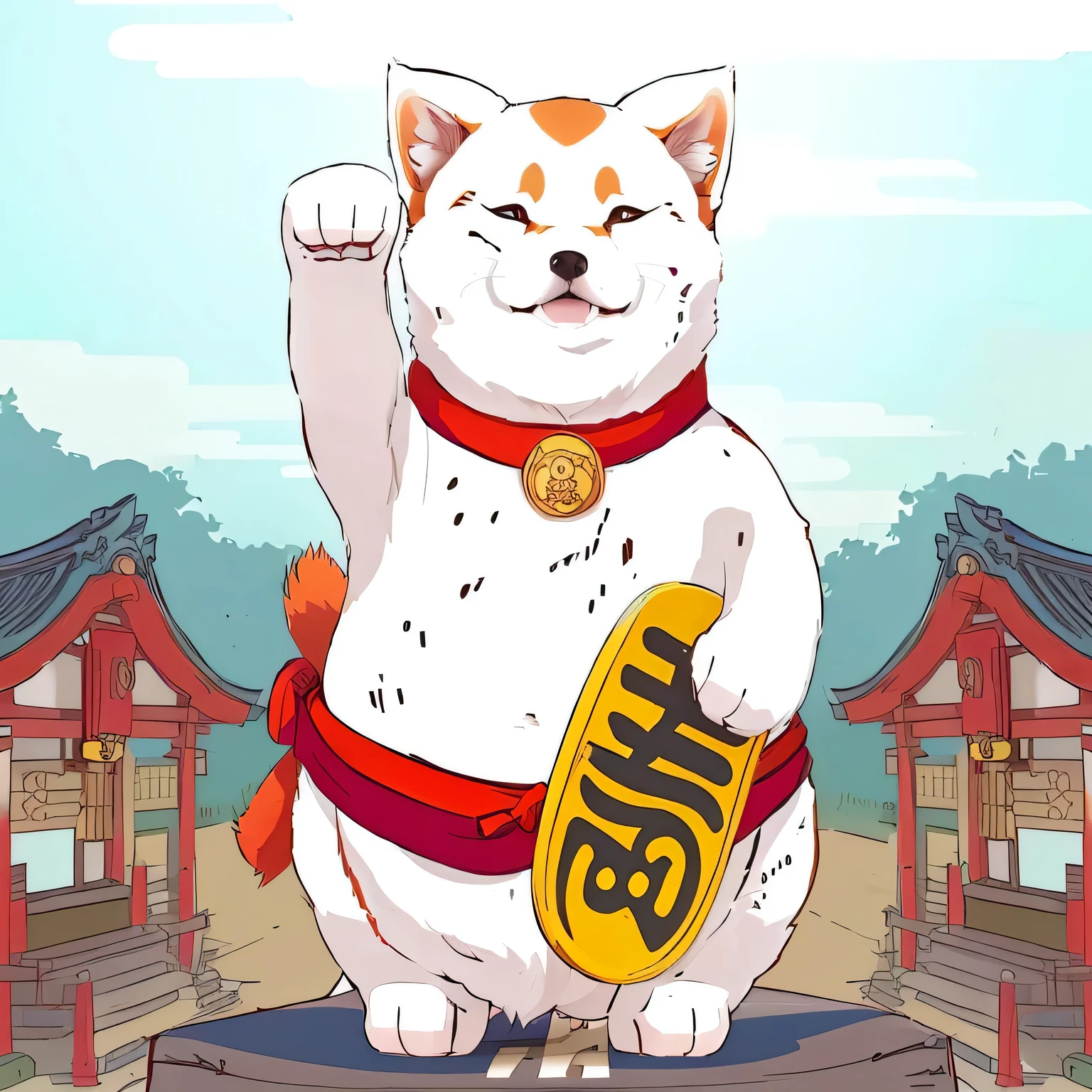 Cartoon Shiba Inu holding a skateboard in front of a Japanese temple, Cute Shiba Inu animation visual, Anime Shiba Inu, Moogle from The Legend of Korra, Inspired by Gatōken Shunshi, Japanese animation style, Japanese cartoon style,A Shiba Inu stands in the middle,Shiba Inu head