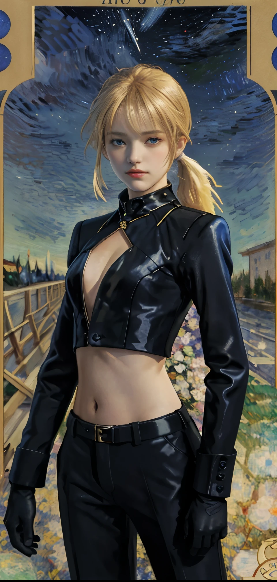 ((masterpiece:1.2, best quality)), realistic, 1girl, solo, blood, male focus, looking at viewer, artoria pendragon \(fate\), black (((suit))), black (((pant suit))), (((ponytail))), (((black gloves))), aurora, night, stars (sky), sky, night sky, starry sky, holding Magic Sword, Dark Clouds, Night,The belly button and the surrounding area are exposed,Very thin,Small breasts,Flat Chest, model shot, (Impressionism: 1.4), (Tarot: 1.3), Alphonse Mucha, BREAK