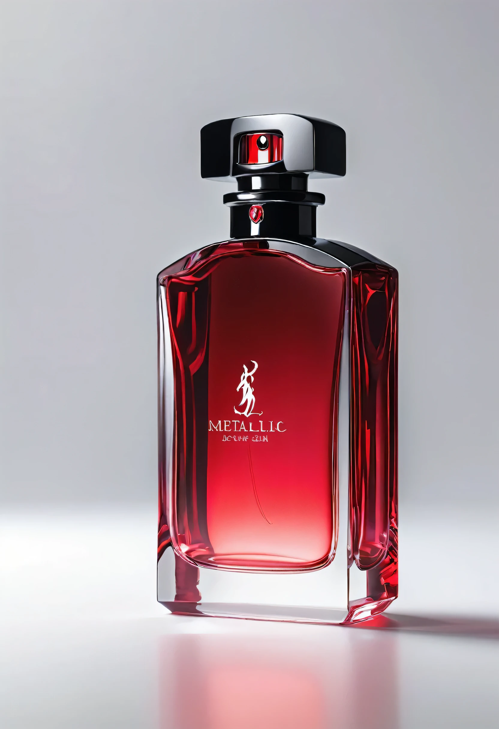 (masterpiece, highest quality, highest quality, Official Art, beautifully),(8k, highest quality, masterpiece:1.2),(((No humans))), CG products asw, No humanetallic))), (((Attach metallic ribbon)))、White background、Red and black theme、Depth of written boundary,Blurred (((Whitebackground)))、Spotlight、One perfume、The contents of the perfume shine beautifully、Bright and overall、The bottle design is simple and small.、The cap is black。(((『Crimson』)))Do not enter any other characters。Crimson、((Only one bottle))、No text、No logo