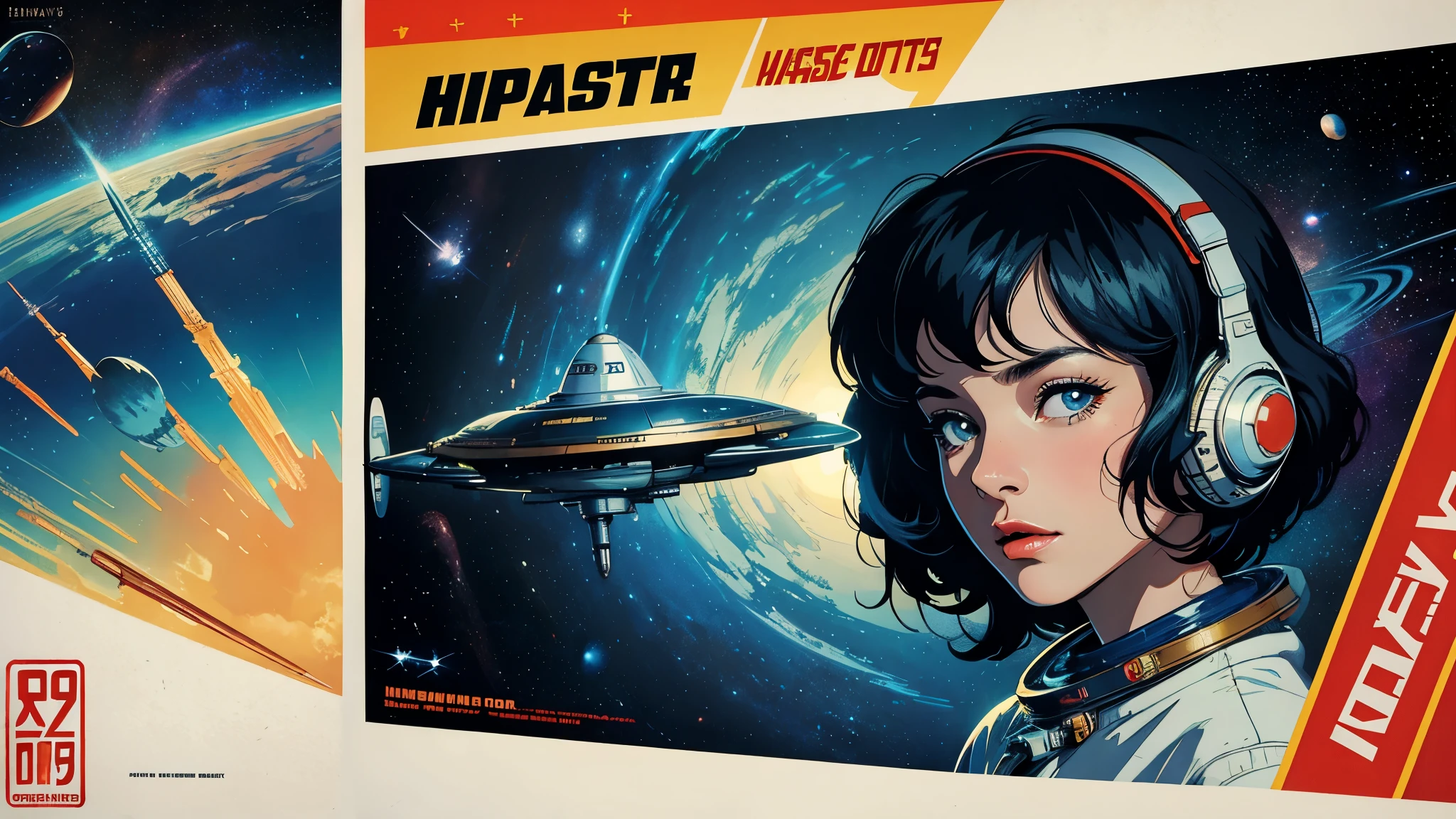 (masterpiece, highest quality), 8k wallpaper, very detailed, poster, vintage science fiction, 1960s,(((space thriller cinematic movie poster))), (bauhaus), shape,abstract, mid century modern, movie poster, vintage, Perfect Lady,anime,1970's,halftone,speech bubble