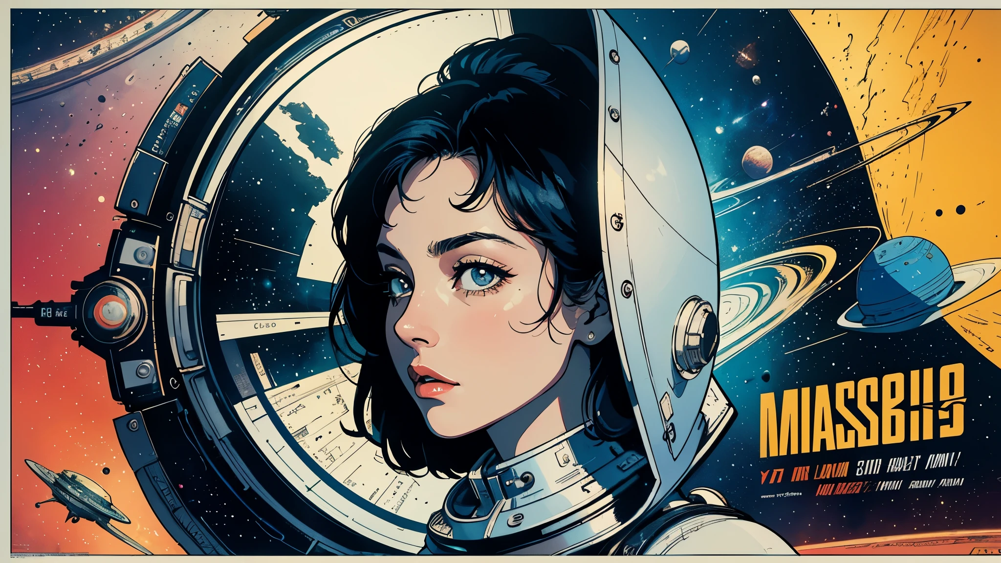 (masterpiece, highest quality), 8k wallpaper, very detailed, poster, vintage science fiction, 1960s,(((space thriller cinematic movie poster))), (bauhaus), shape,abstract, mid century modern, movie poster, vintage, Perfect Lady,anime,1970's,halftone,speech bubble