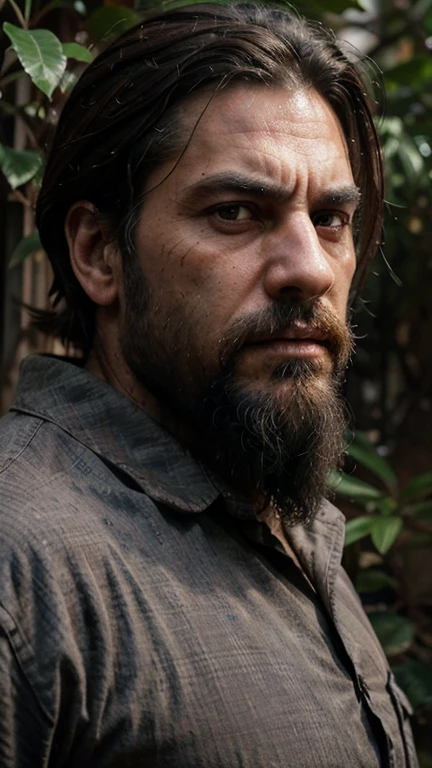 A man, brown hair, short, 45 years old in beautiful A angry older man,  short black hair, looking directly at camera, caramel colored eyes,light brown eyes,  strong jawline, in a jungle, cinematic composition, photorealistic, 8k, high quality, award winning, angry face, detailed angry face, latin american man, flannel button up shirt, dirty clothes, black hair, smoky atmosphere, dust in the air, ultra realistic, worn clothes , anger face, detailed angry face, detailed face, mad, angy, looking at the camera, high resolution, absurd resolution, long black beard, facial hair, detailed long black bearded, smoky atmosphere, detailed atmosphere, long viking style black beard, long beard, super angry, terror, scary movie scenery, long facial hair, dirt on hes face, absurd dirt detail on hes face, highly detailed long beard, dark, detailed mad face, wrinkles, scary movie, villain, mad man, crazy, raging., realistic shape 
