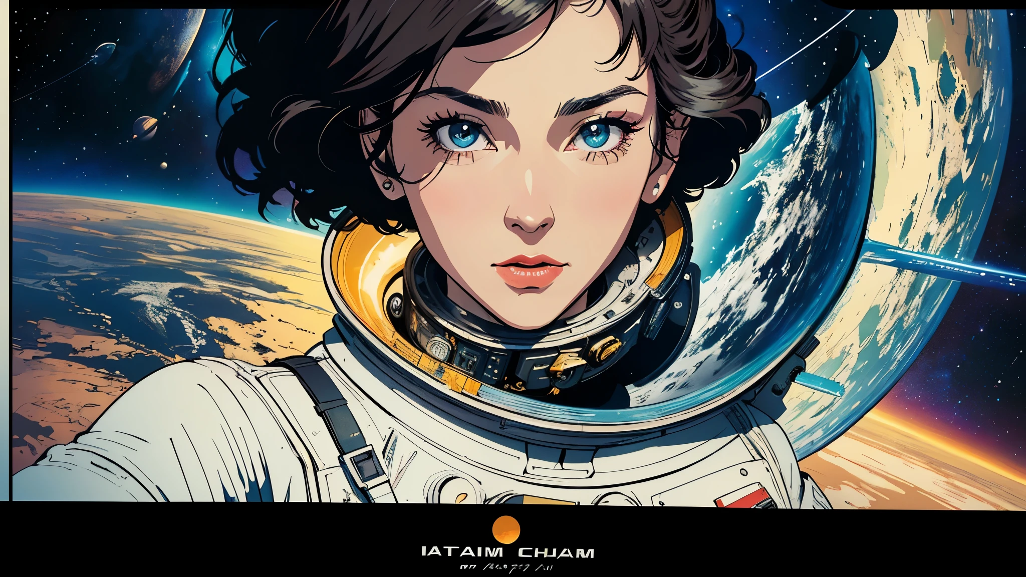 (masterpiece, highest quality), 8k wallpaper, very detailed, poster, vintage science fiction, 1960s,(((space thriller cinematic movie poster))), (bauhaus), shape,abstract, mid century modern, movie poster, vintage, Perfect Lady,anime,1970's,halftone,speech bubble